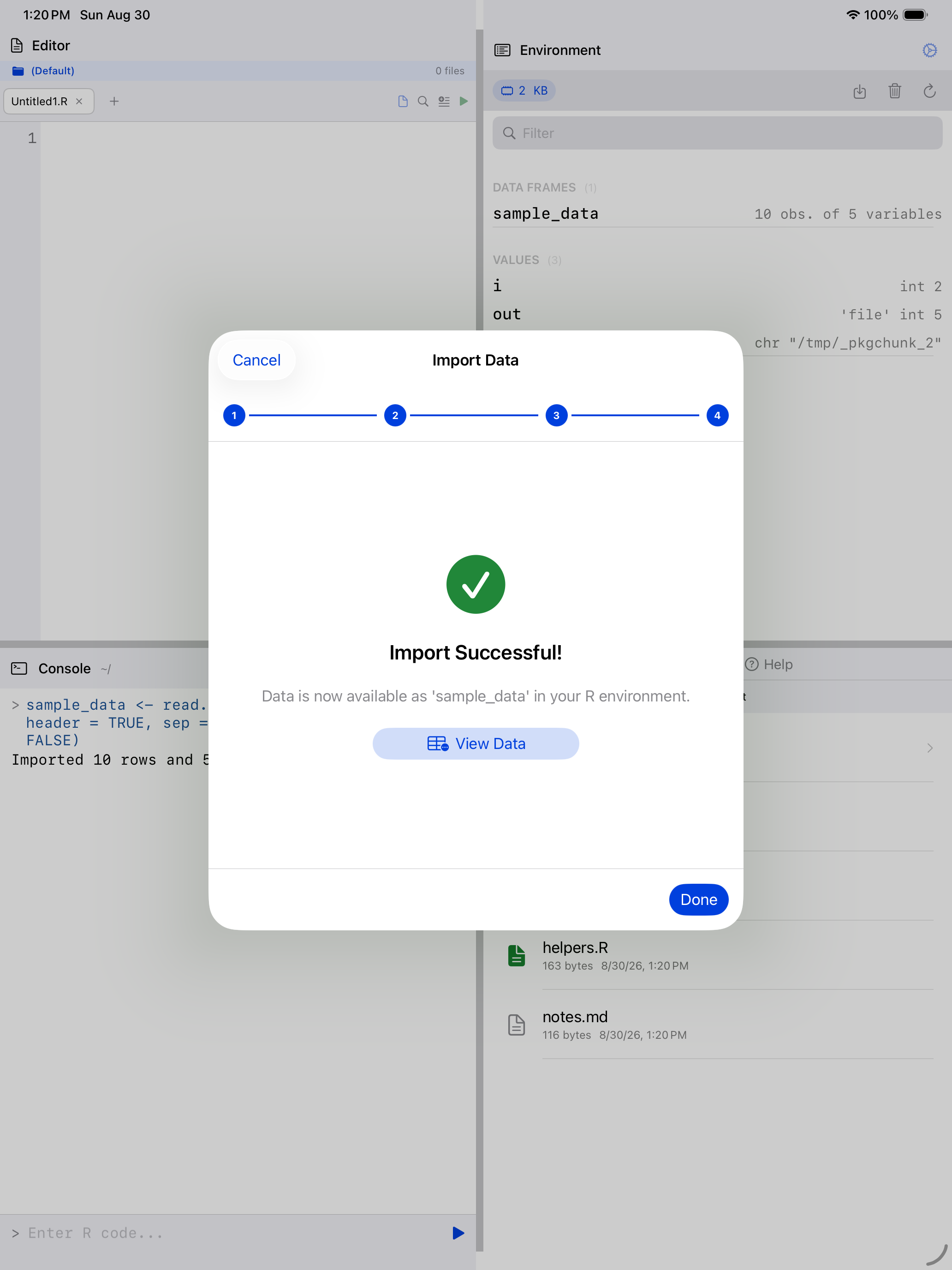 Wizard import success with the View Data button on iPad