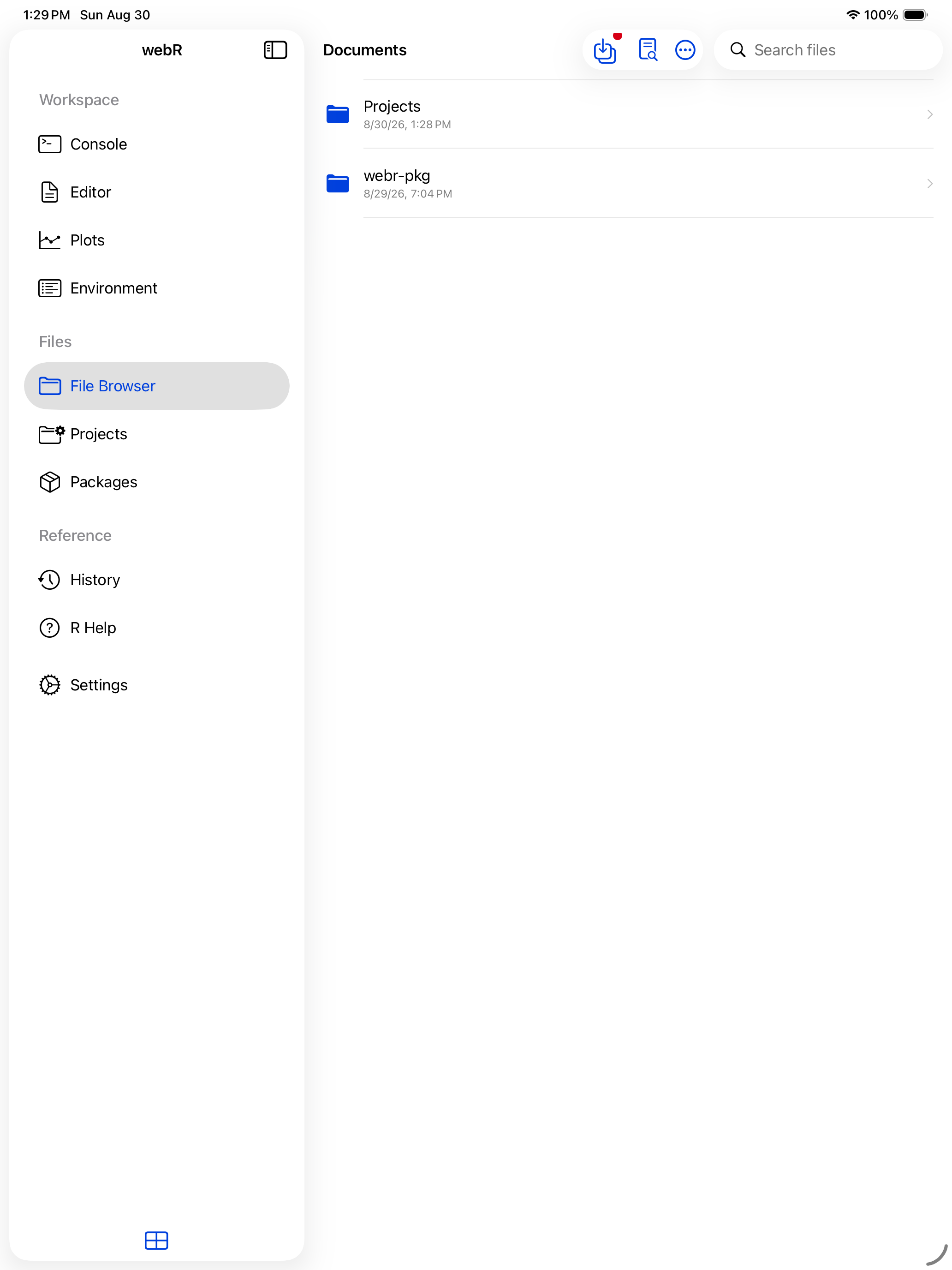 Files toolbar with the shared files notification badge on iPad