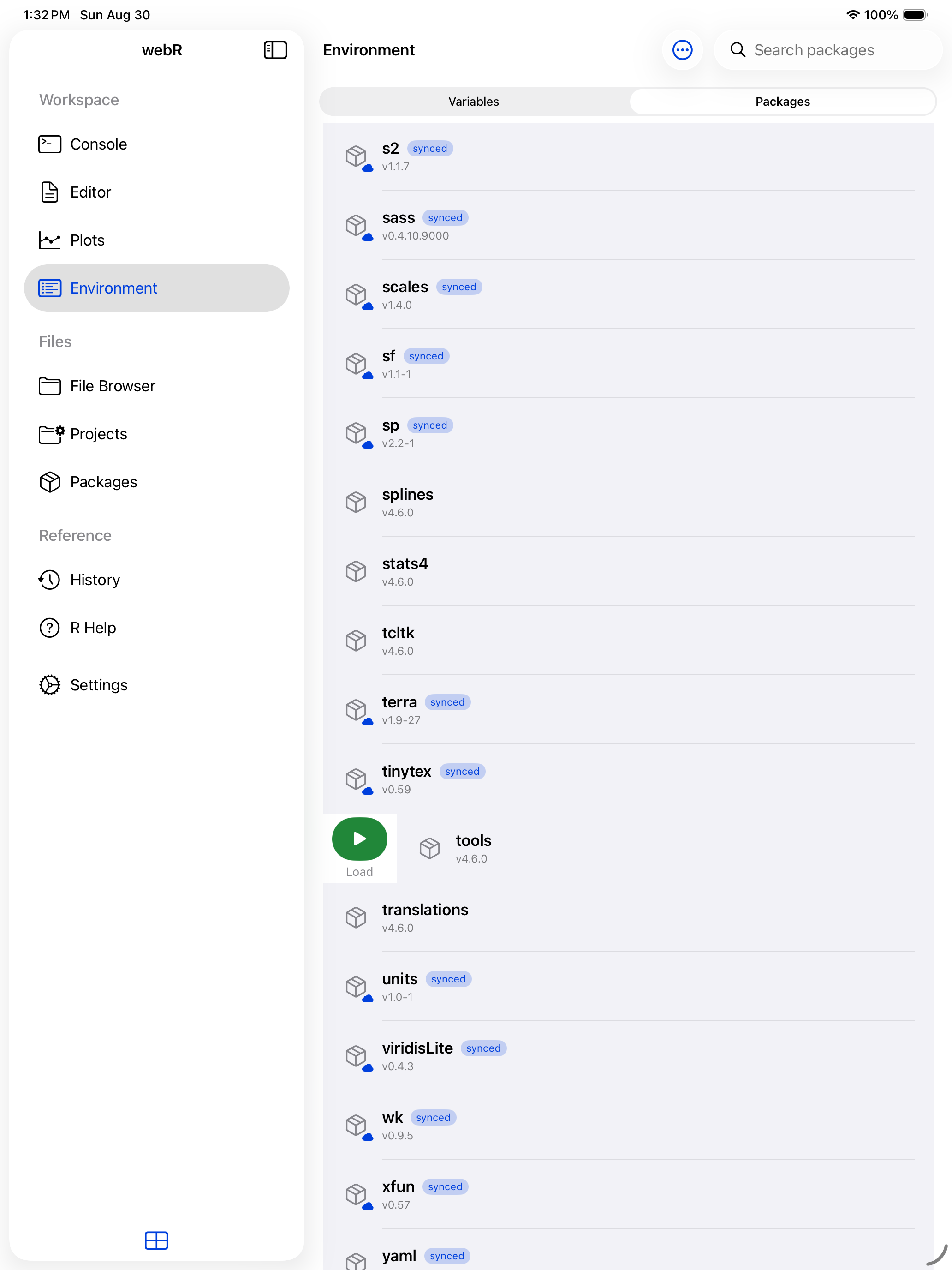 Package row swiped right revealing the green Load button on iPad