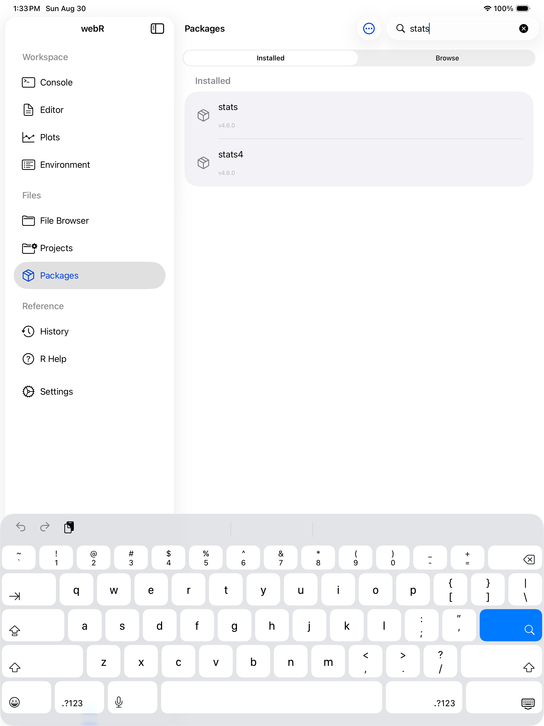 Packages tab search filtering the installed list on iPad