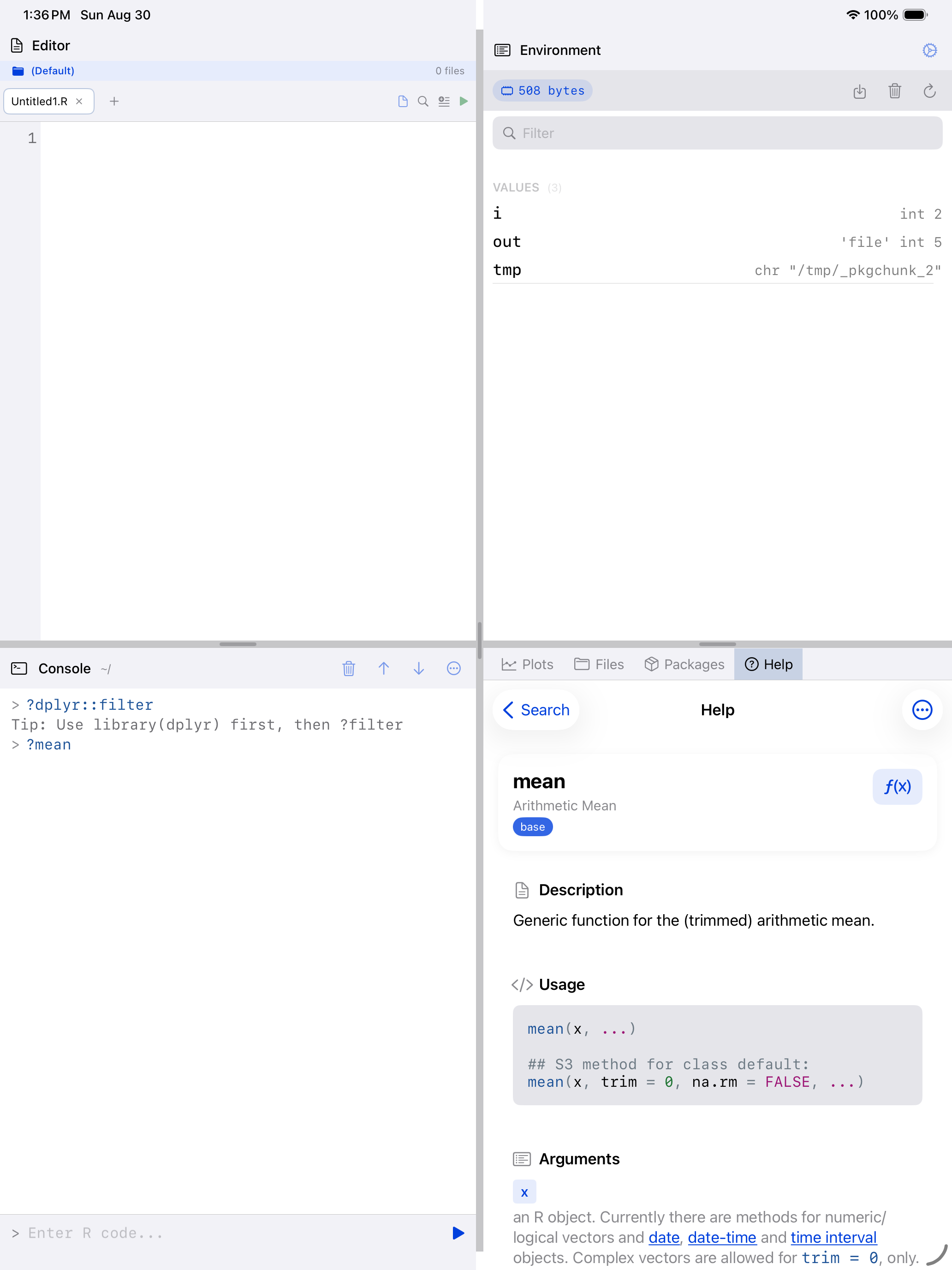 Help page for the mean function opened from the Console on iPad