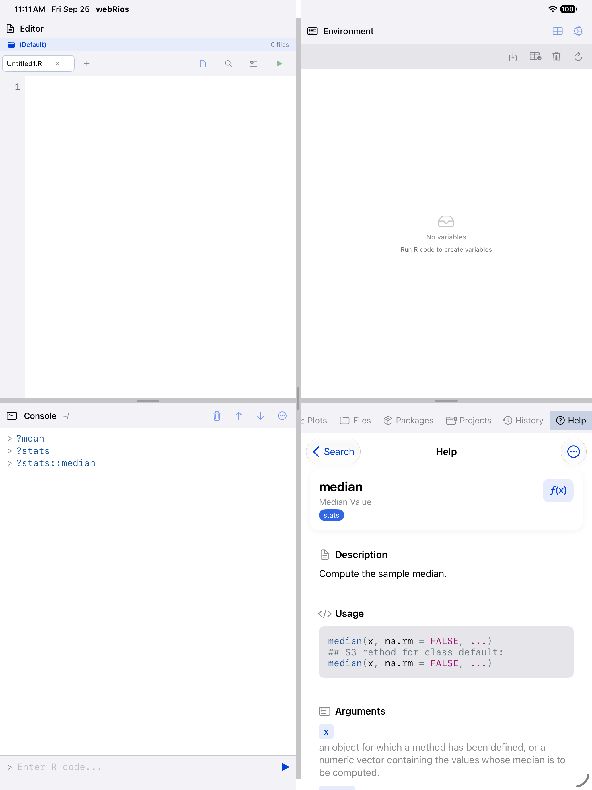 Help page for stats::median opened from the Console with ?stats::median on iPad