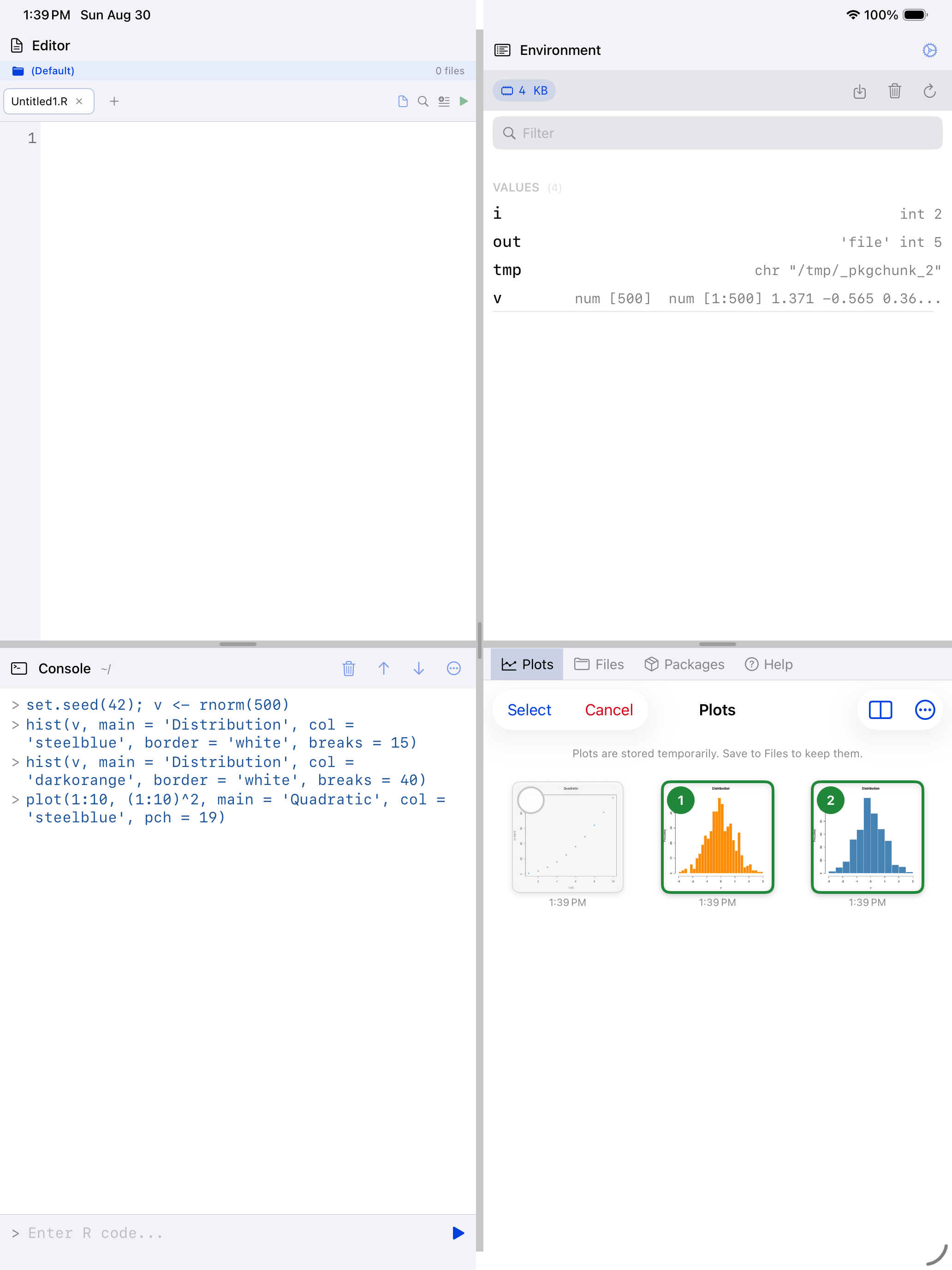 Two plots selected for comparison with numbered badges on iPad