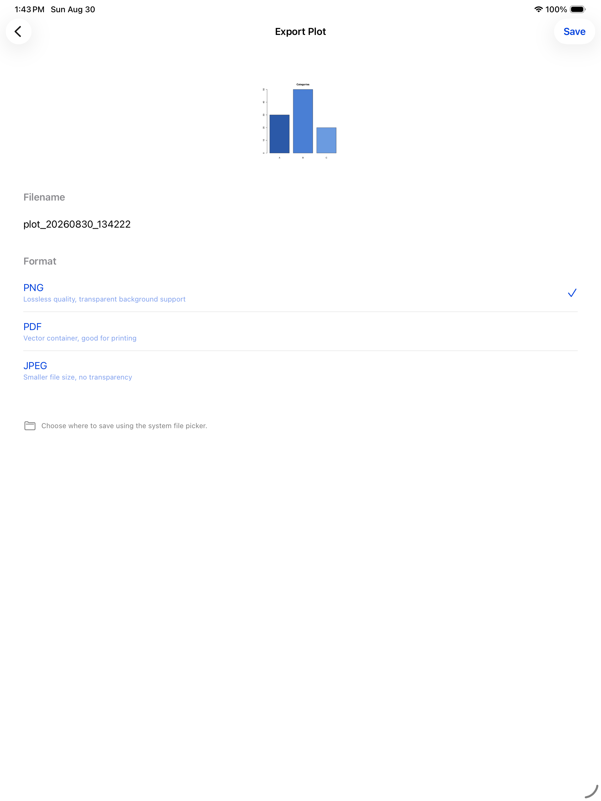 Export page with filename field and format options on iPad