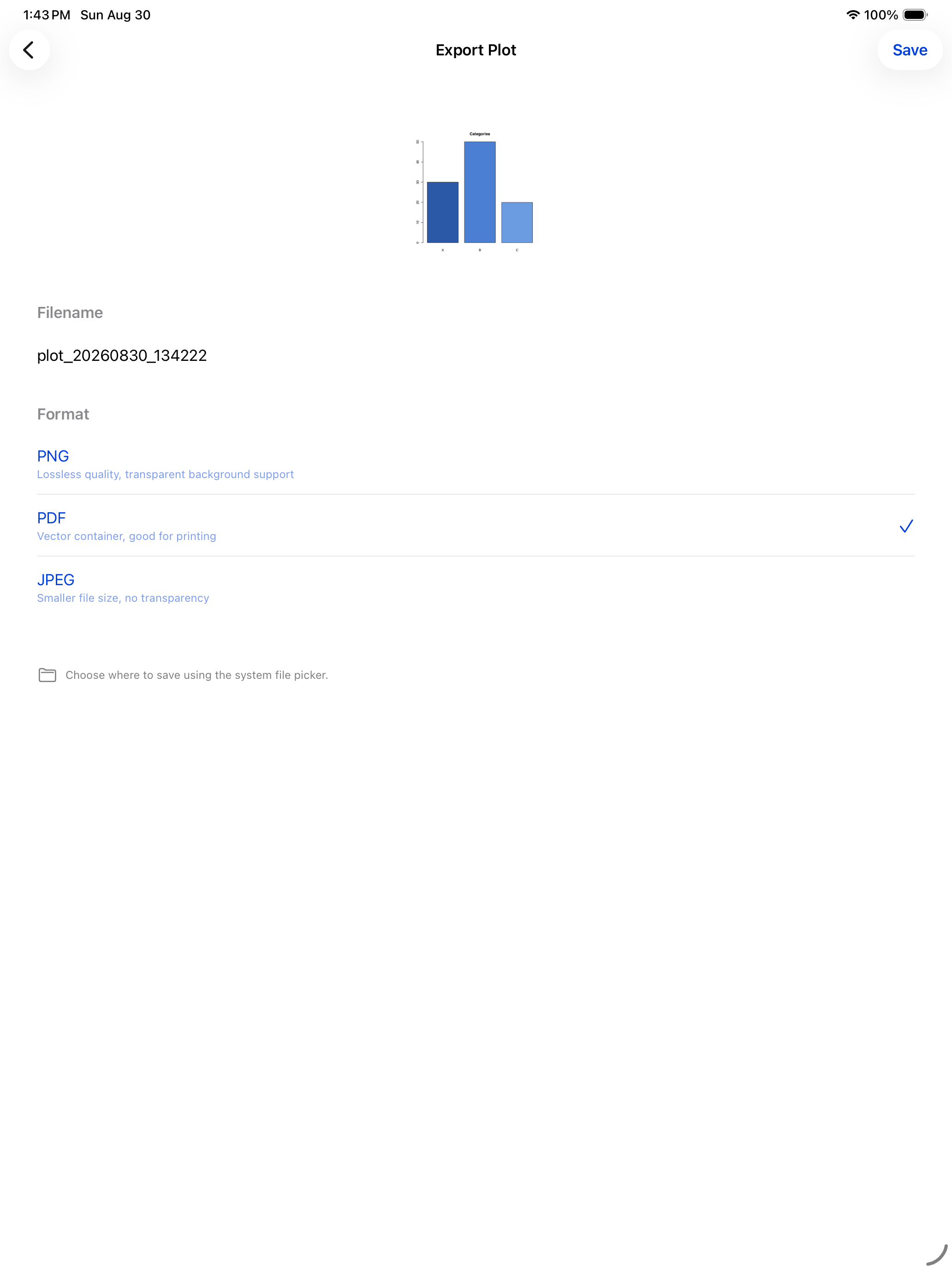 Export page with PDF selected as the format on iPad