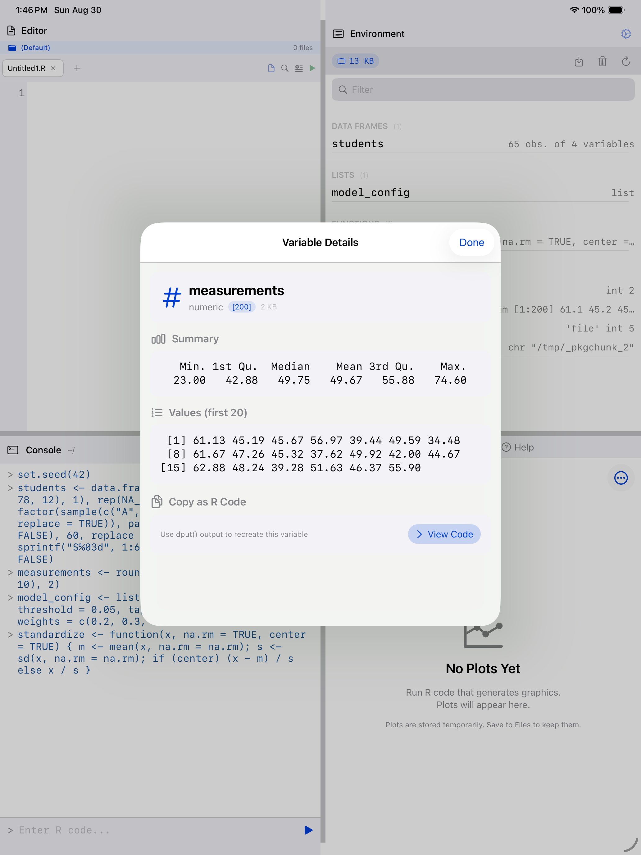 Variable details for a numeric vector showing summary and first elements on iPad