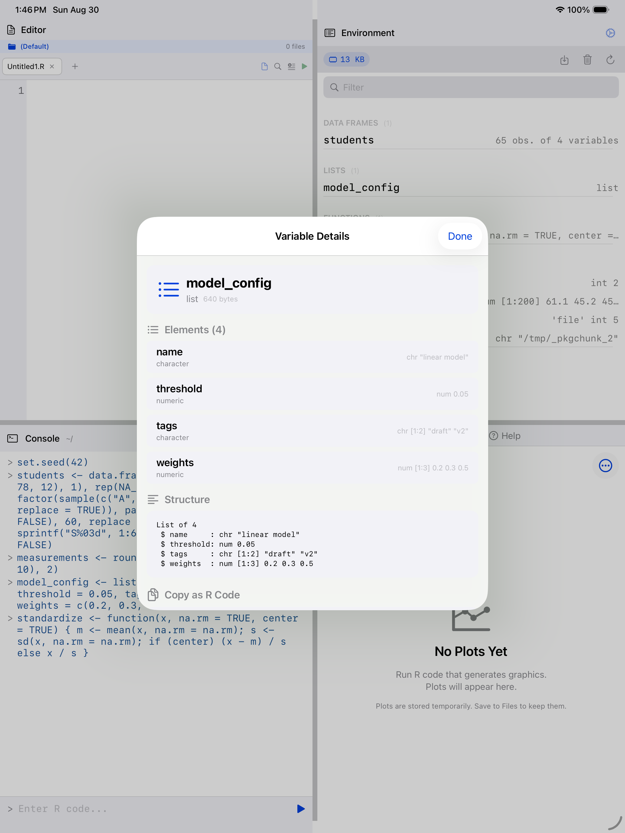 Variable details for a list showing its structure and elements on iPad