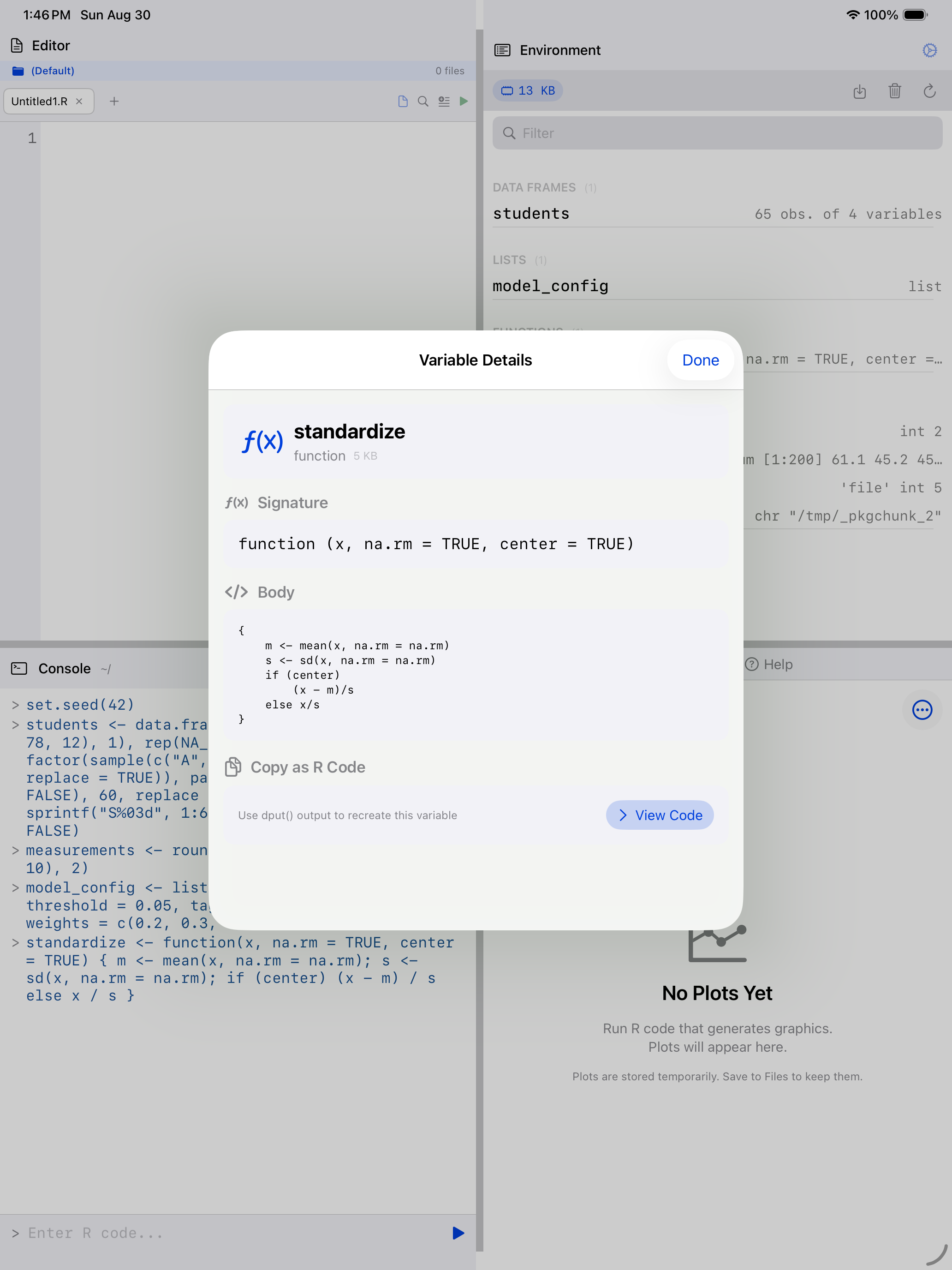 Variable details for a function showing its signature and body on iPad
