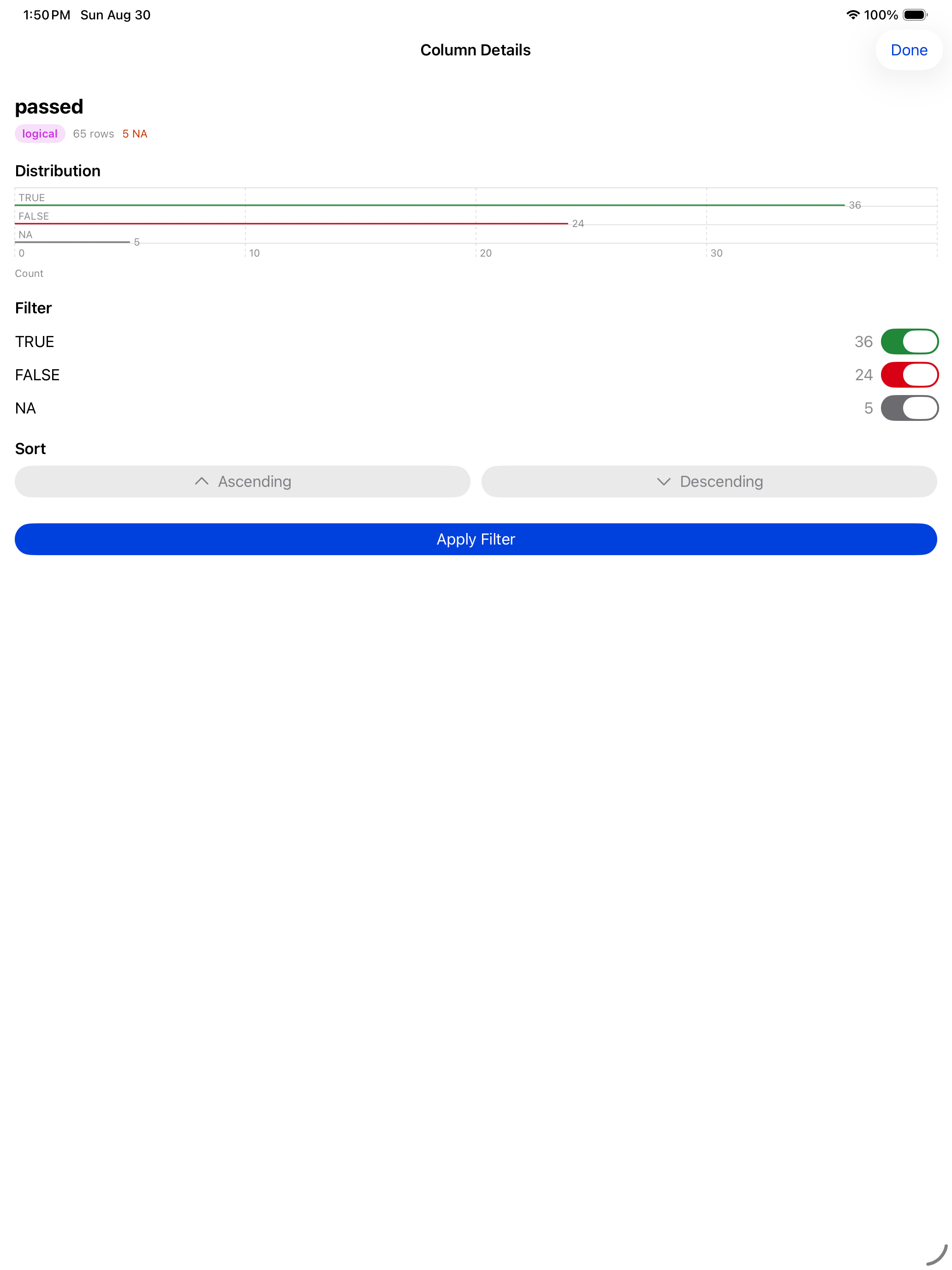 Column details for a logical column with TRUE FALSE and NA toggles on iPad