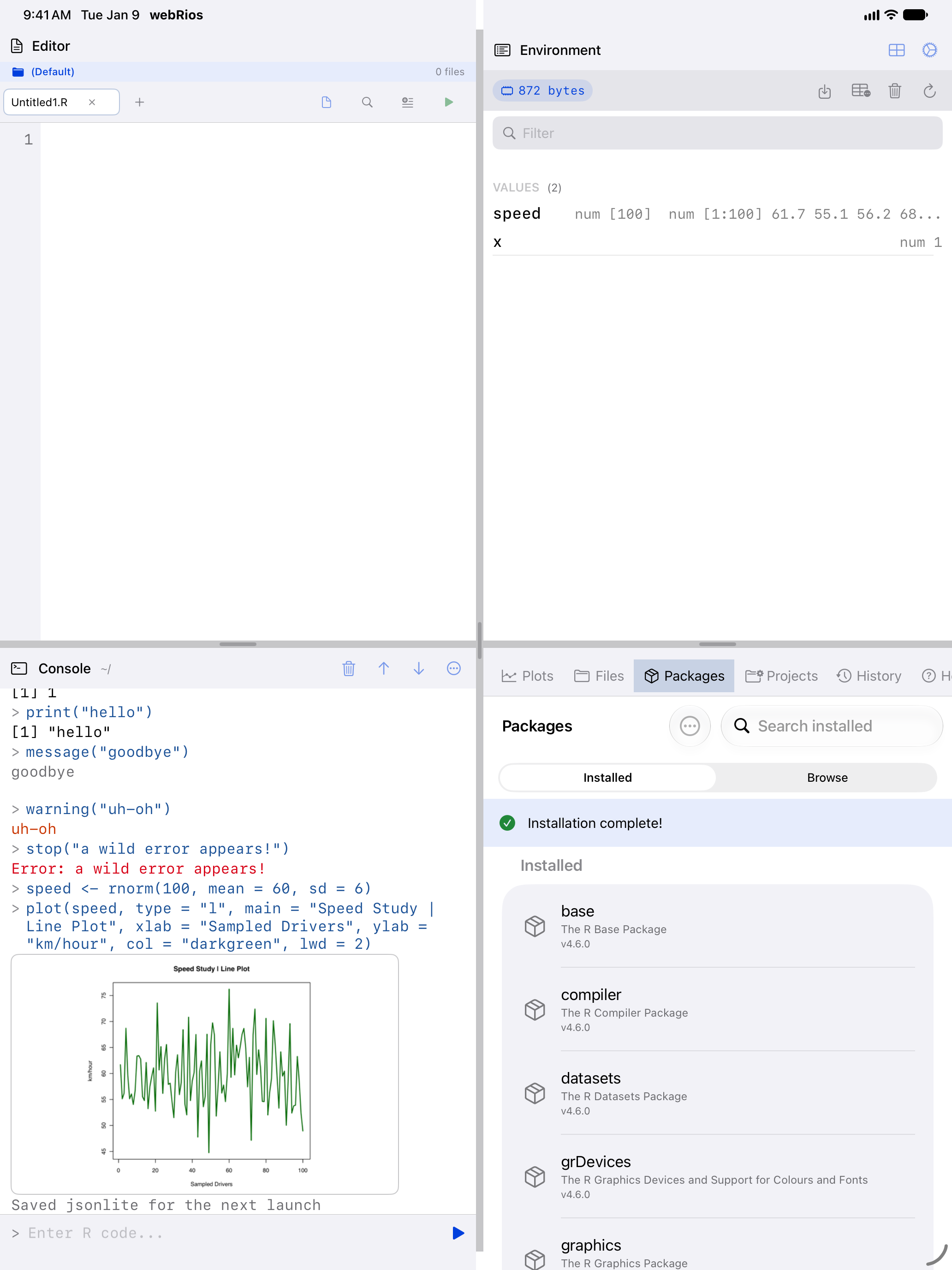 Packages pane on iPad with the banner reading Installation complete! beside a green checkmark, and Saved jsonlite for the next launch in the Console