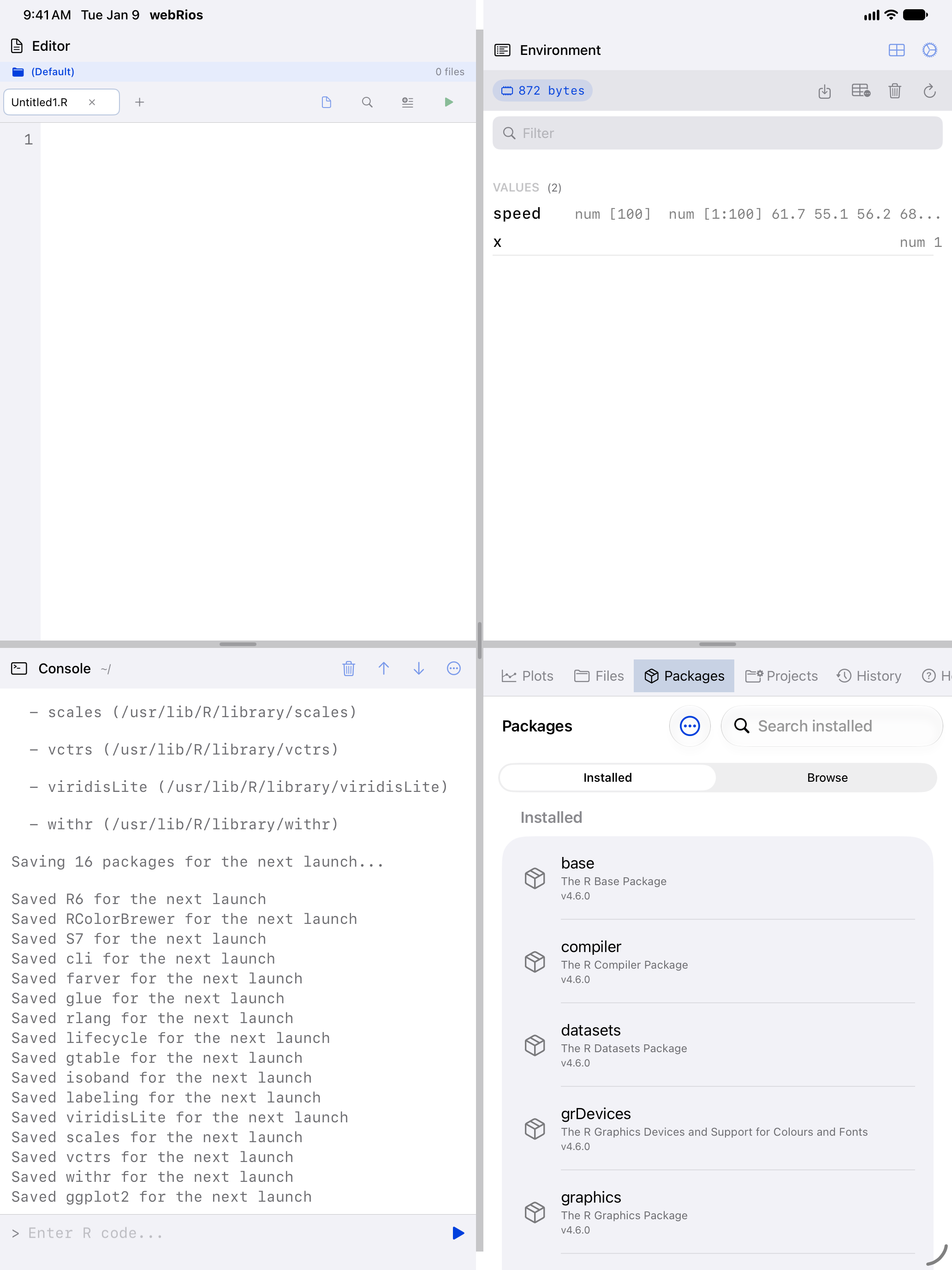 Console on iPad at the end of the install: Saving 16 packages for the next launch, then a Saved line for each package, ending with Saved ggplot2 for the next launch