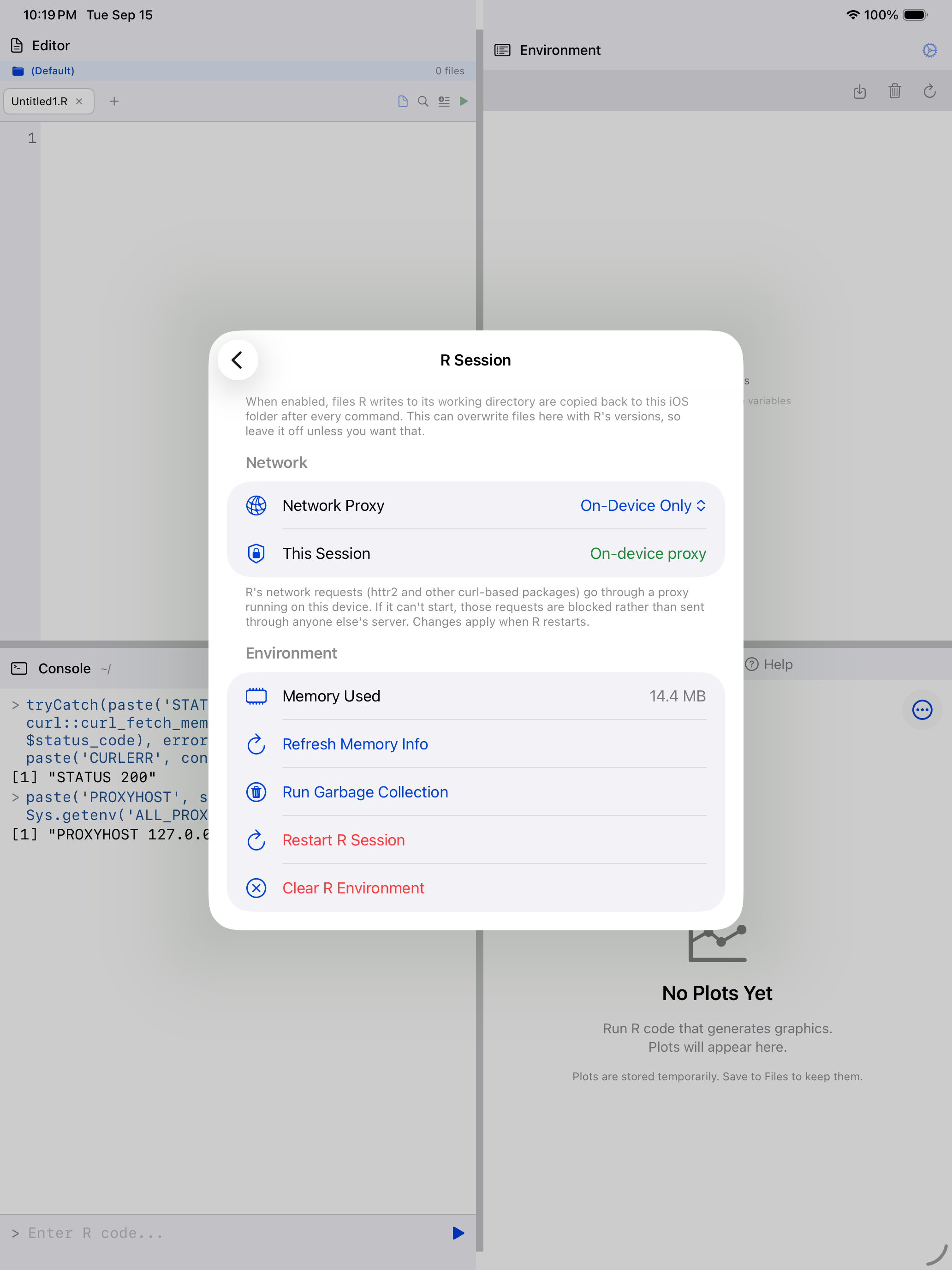 R Session settings on iPad with the Network section showing Network Proxy set to On-Device Only