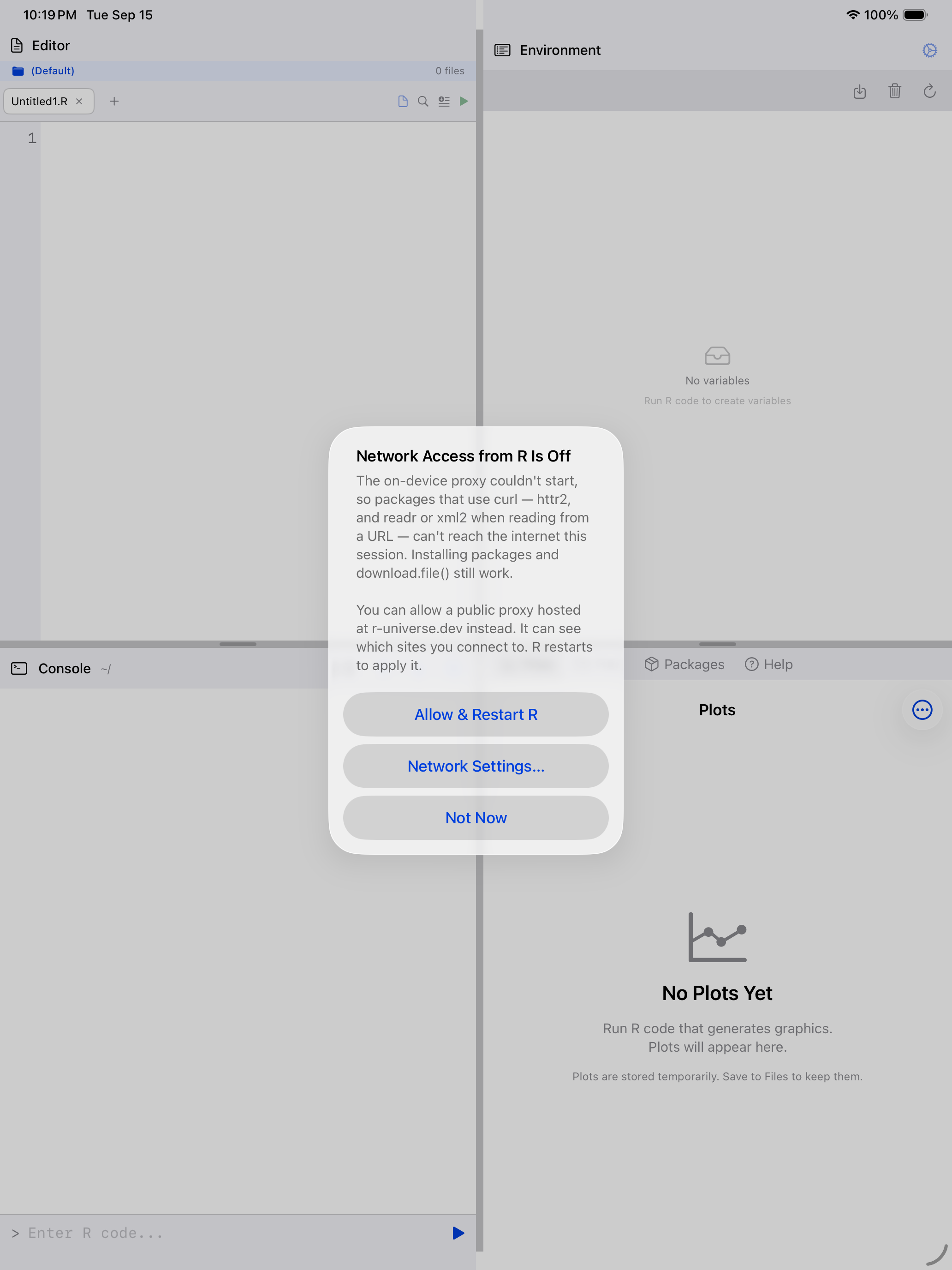 Alert on iPad titled Network Access from R Is Off over the four-pane workspace