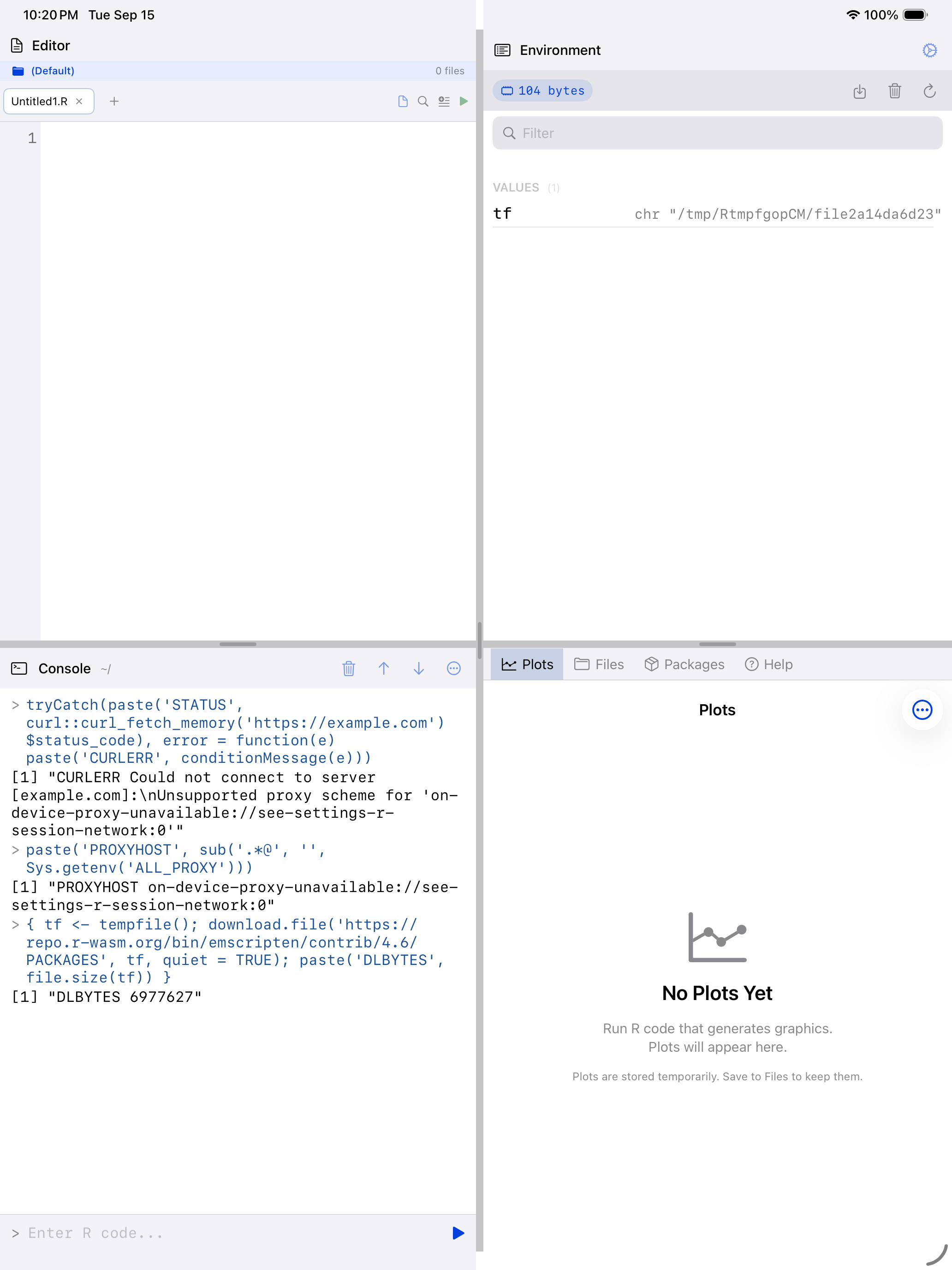 Console on iPad showing the blocked-proxy error from curl alongside a successful download