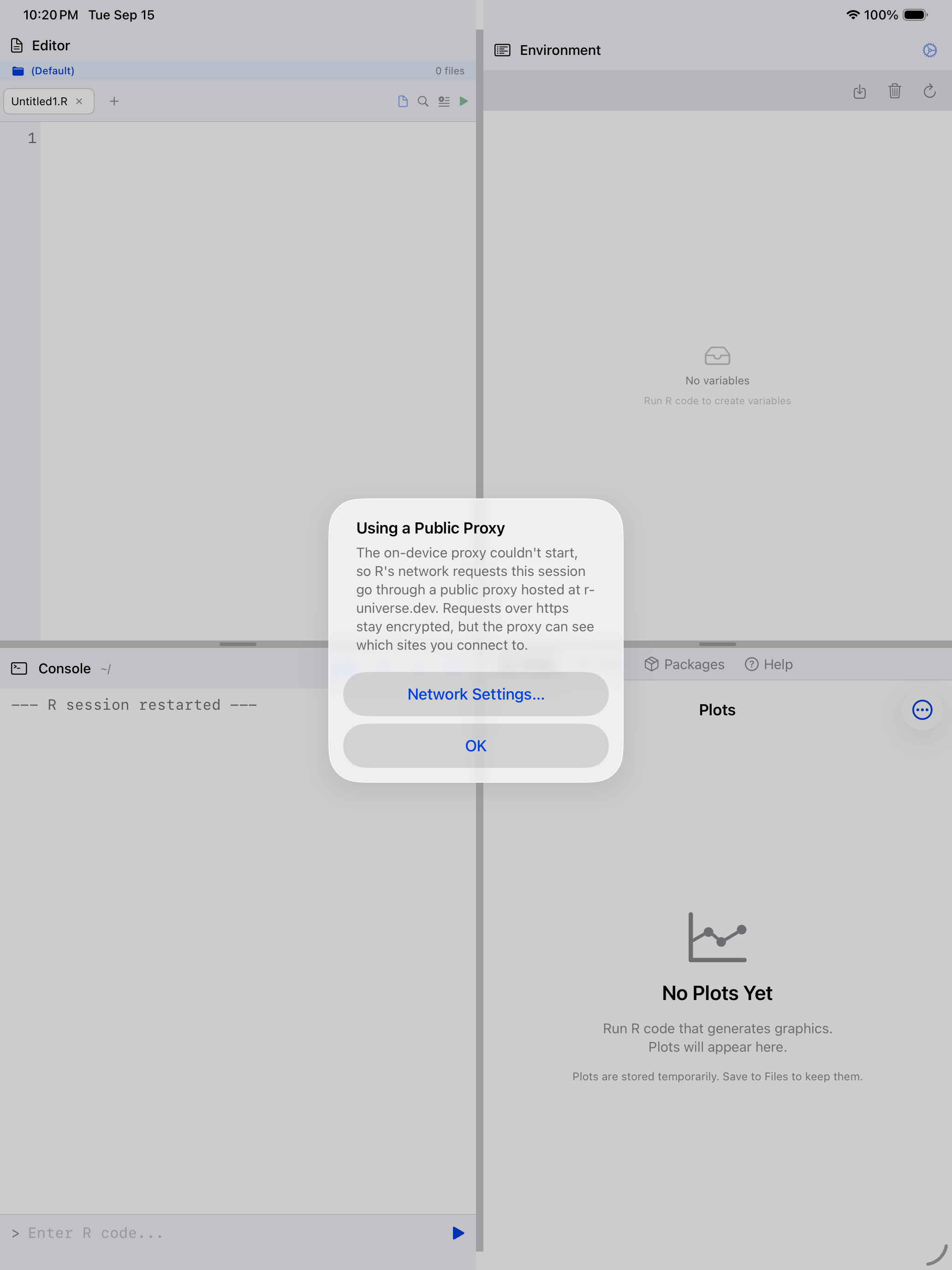 Alert on iPad titled Using a Public Proxy