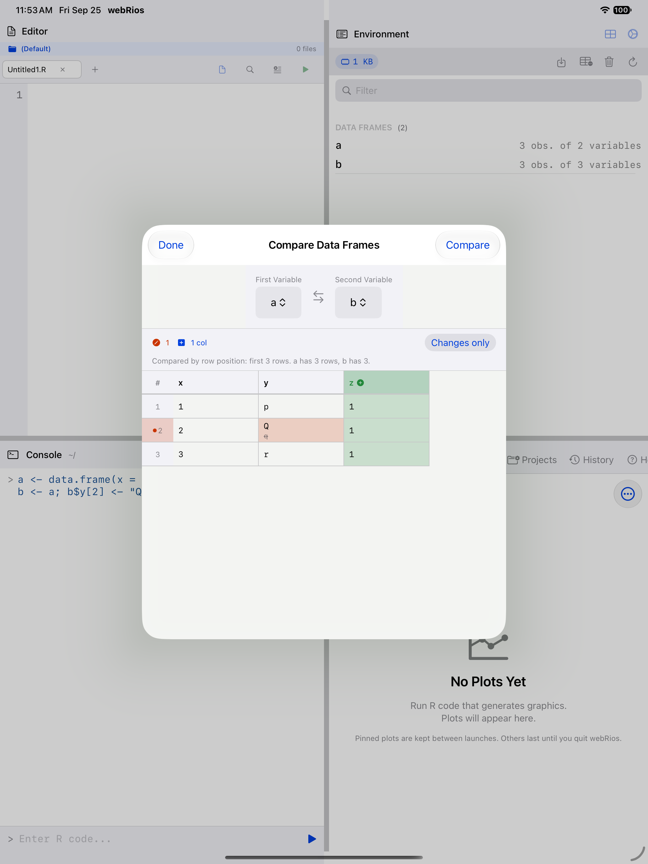 Compare Data Frames comparing a with b on iPad: row 2's y changed from q to Q, and column z is marked added