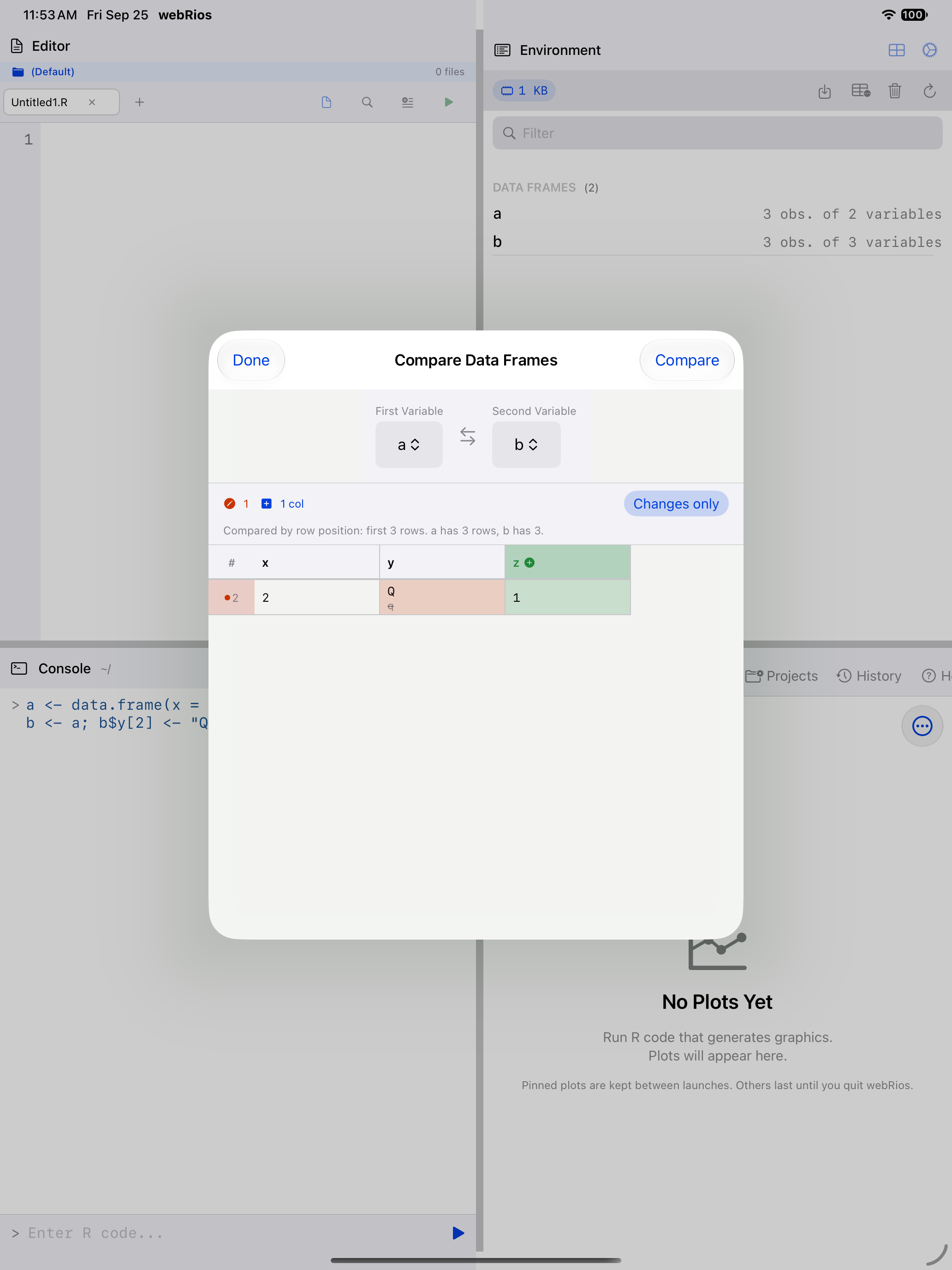 Compare Data Frames with Changes only turned on, leaving just the changed row 2 on iPad