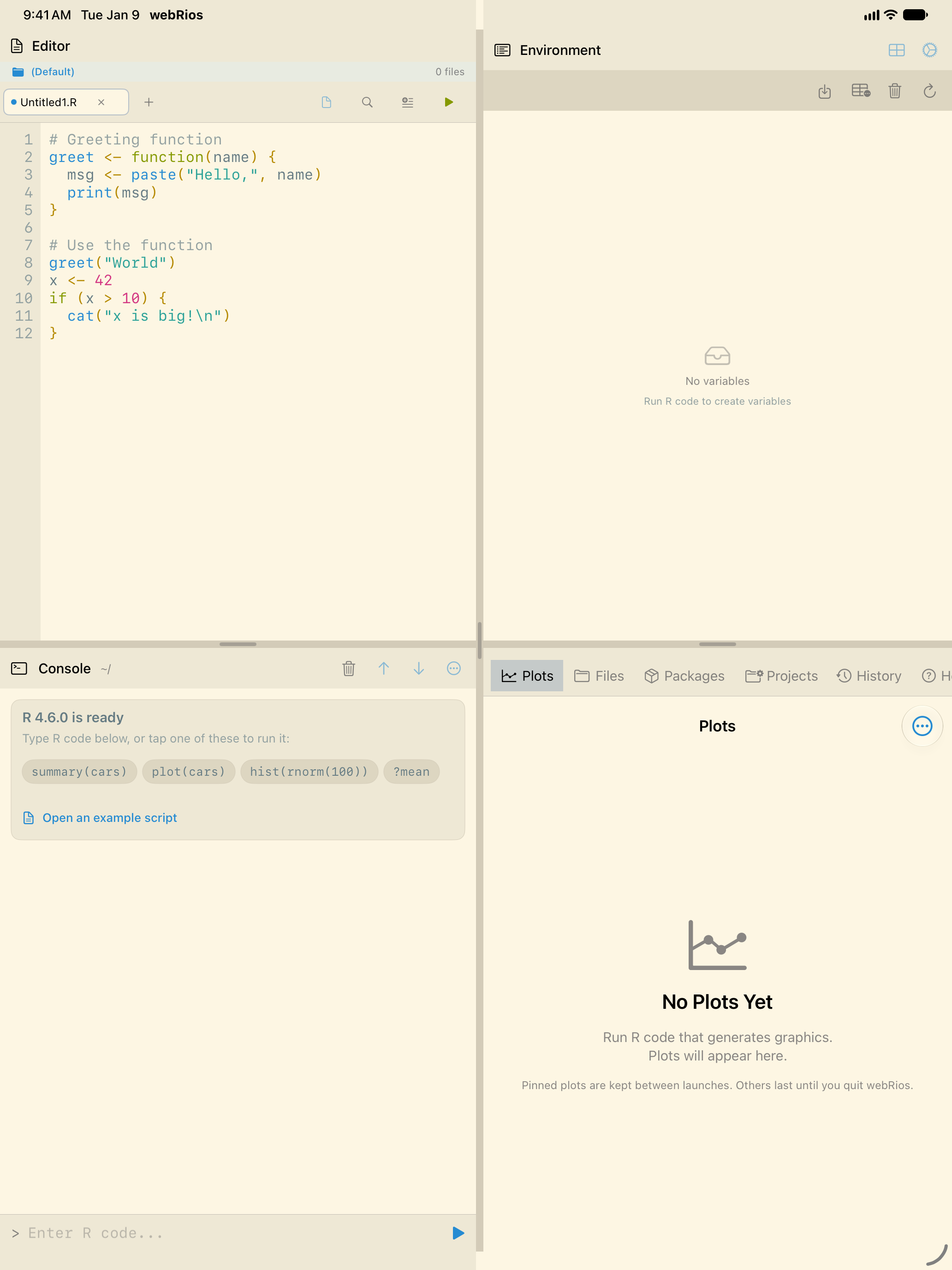 A script in the Editor pane on iPad in the Solarized Light theme with Increase Contrast off, its comments in pale gray
