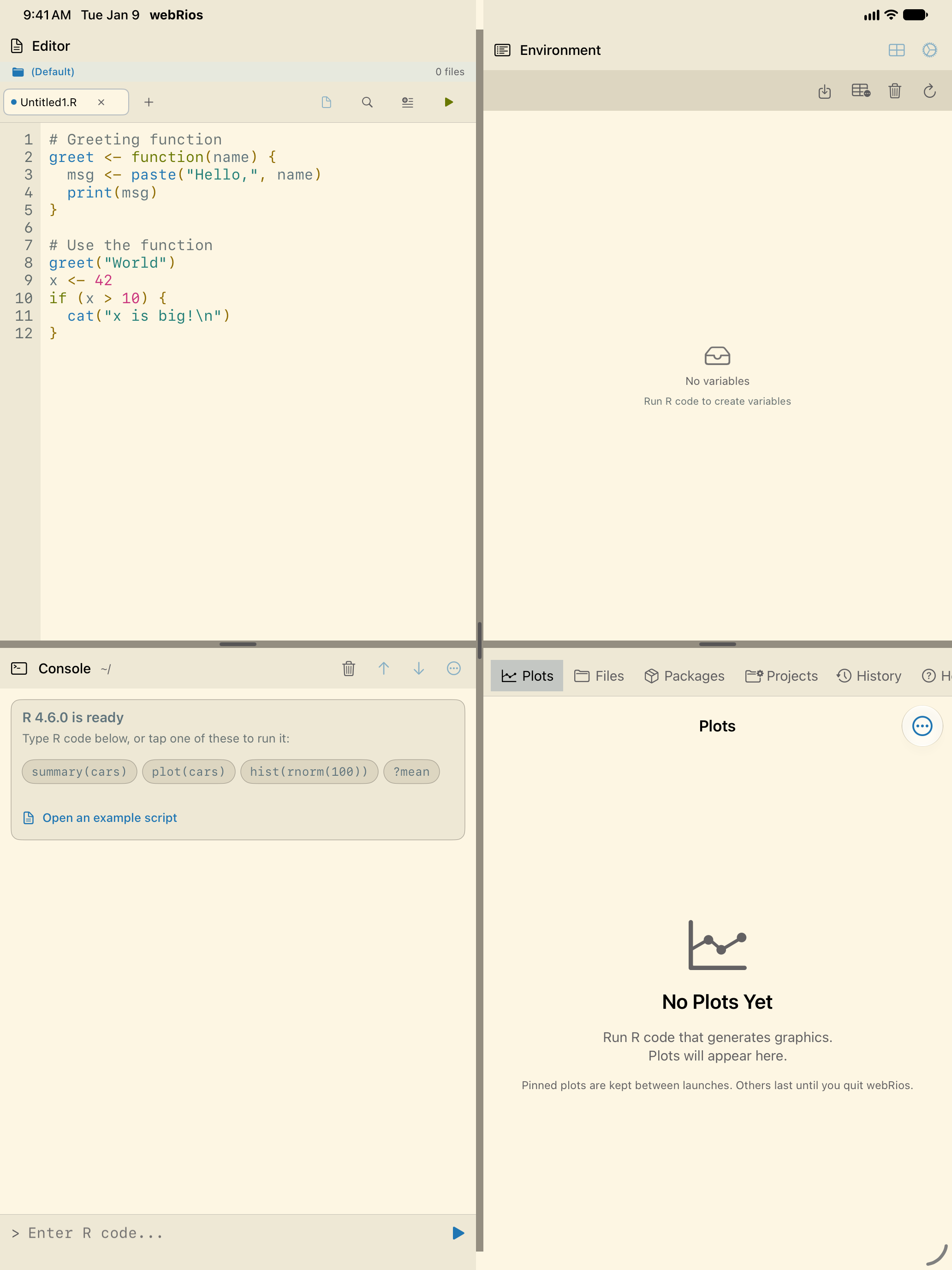 The same script on iPad with Increase Contrast on, its comments and code darker on the same background
