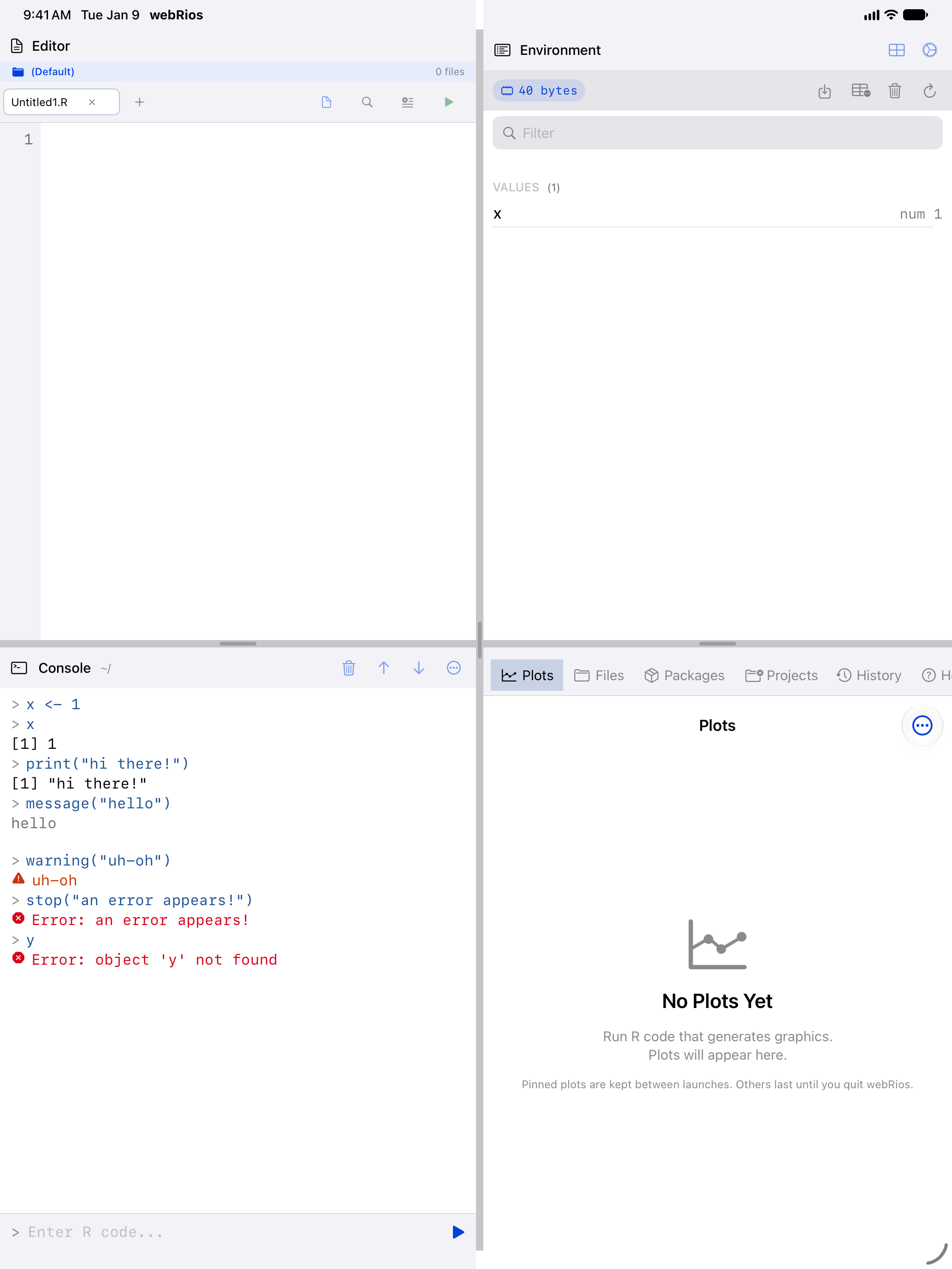 The Console pane on iPad with Differentiate Without Color on, with a triangle before the warning and an octagon before each error