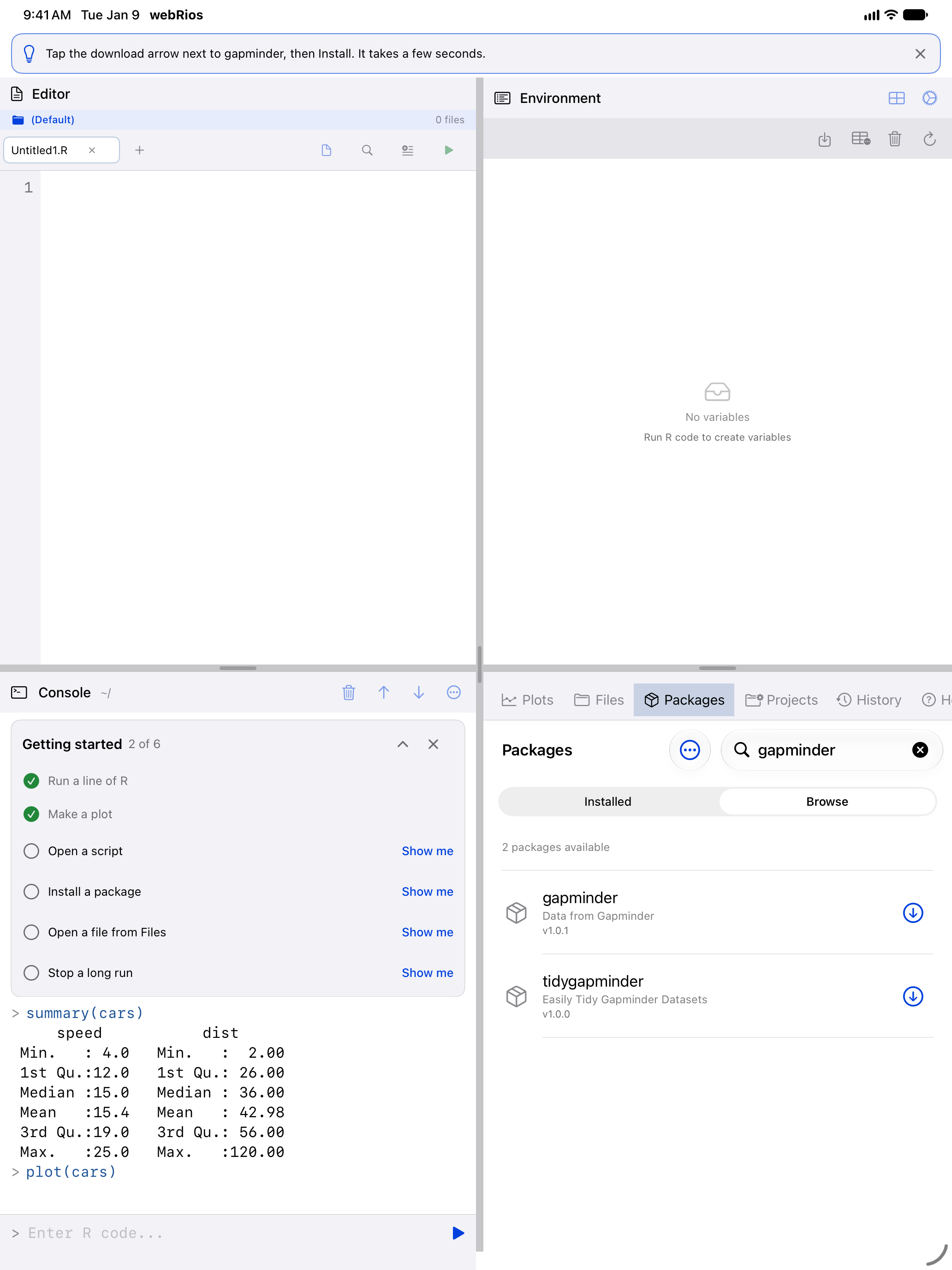 Show me for Install a package on iPad: Packages on Browse with gapminder in the search field, and a tip to tap its download arrow and then Install