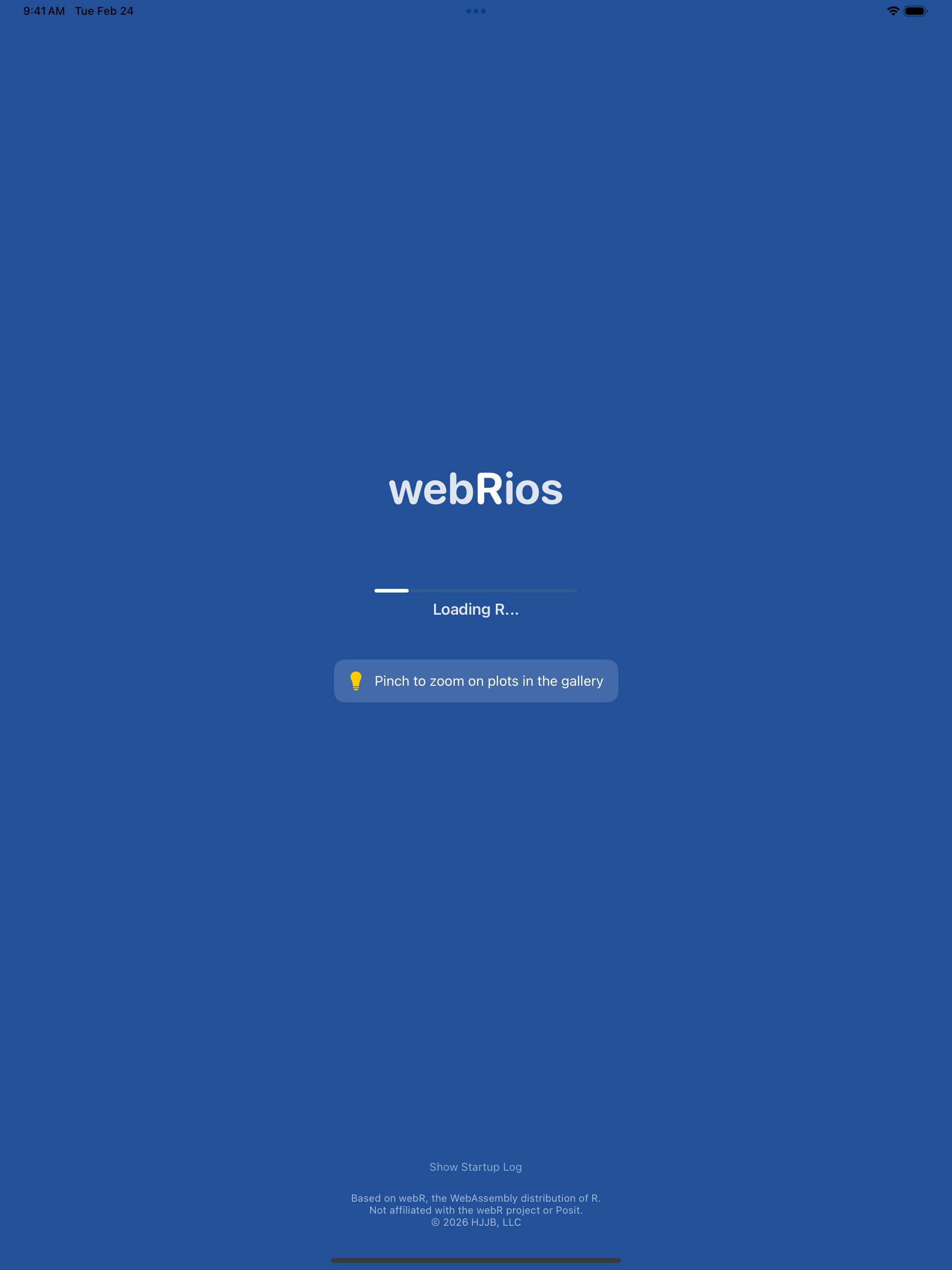 webRios loading screen with progress bar on iPad
