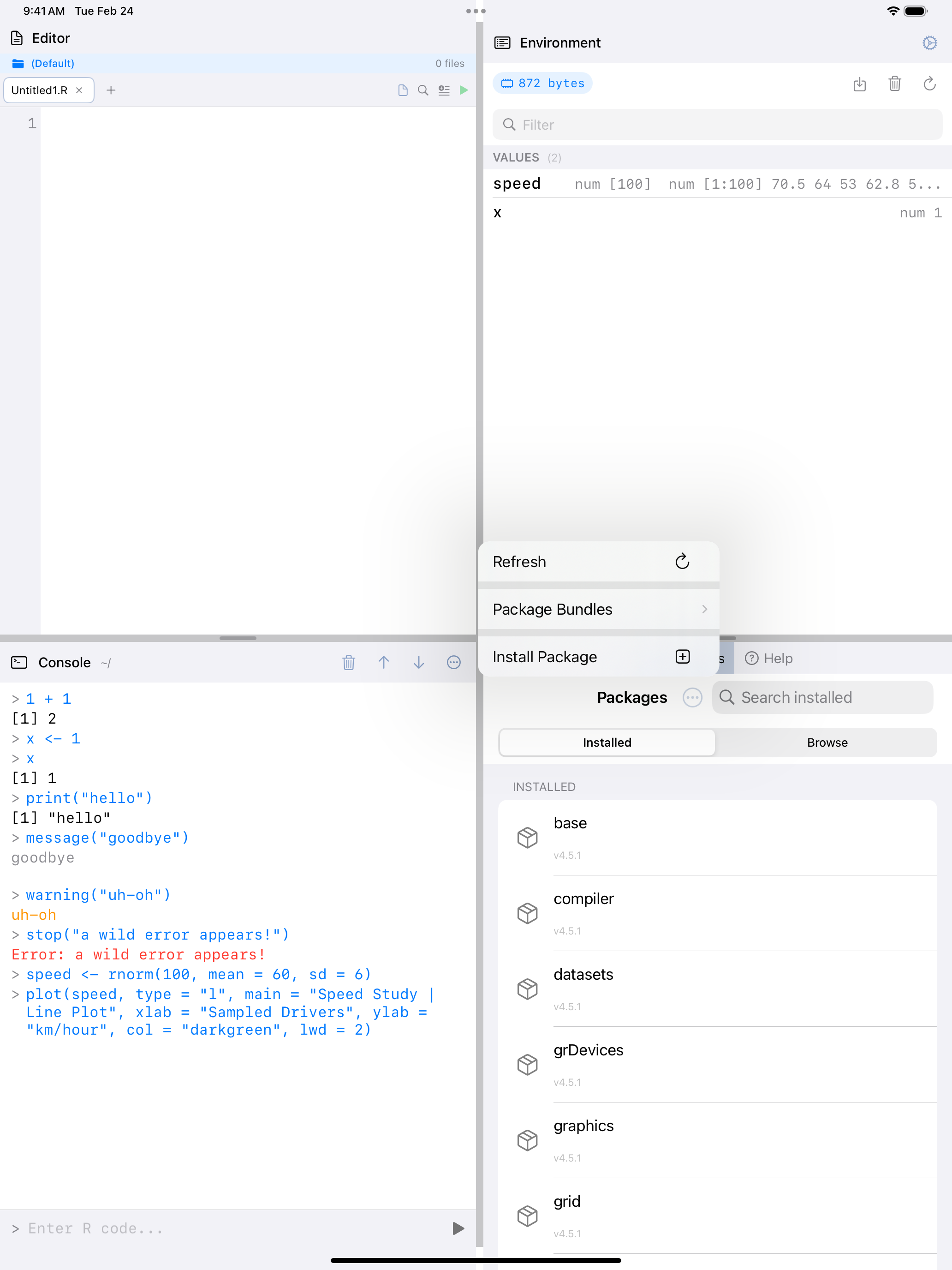 Packages menu showing Install Package option on iPad