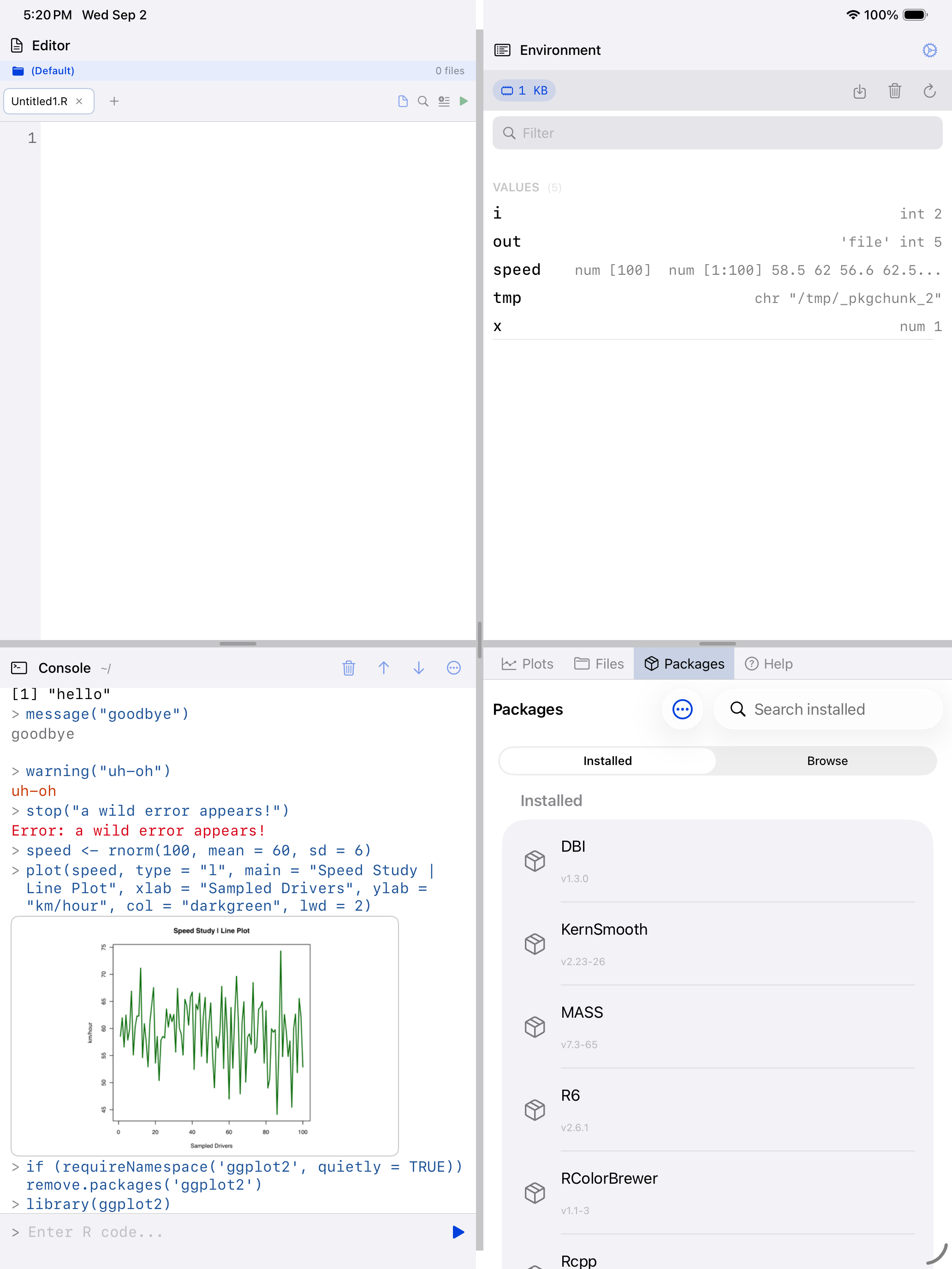 Console showing 'there is no package called ggplot2' on iPad