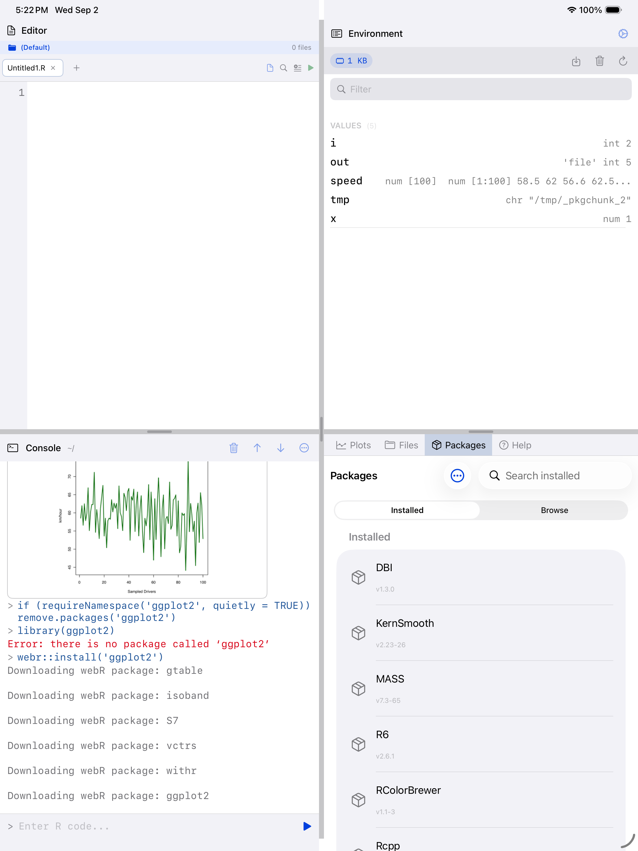 Console showing ggplot2 and its dependencies downloading on iPad