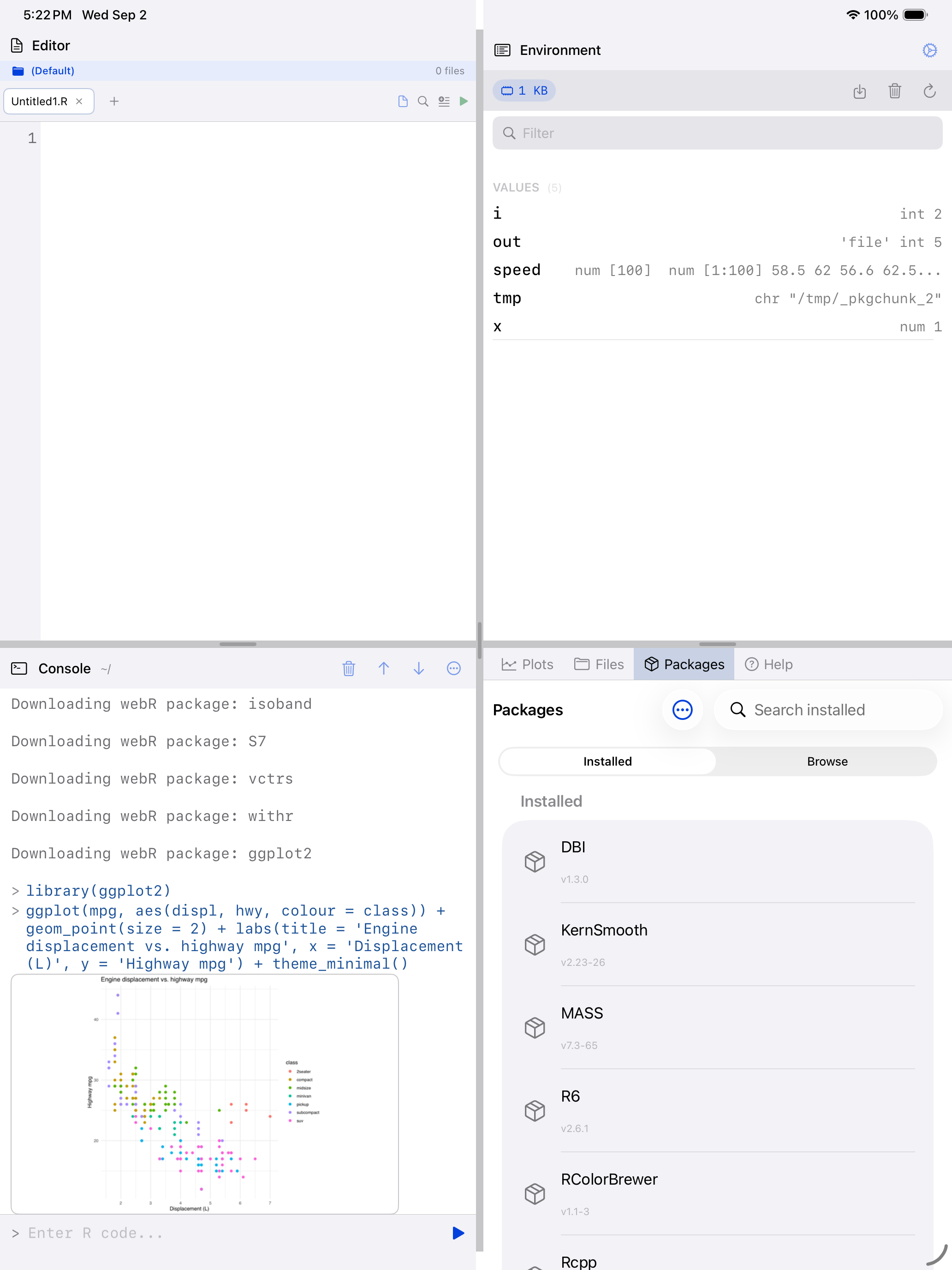A ggplot2 scatter plot rendered inline in the console on iPad