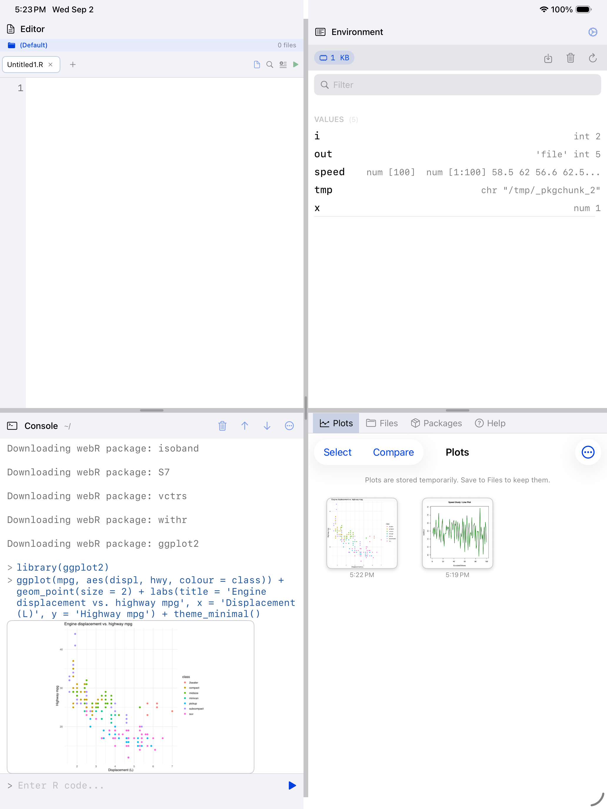 The ggplot2 chart in the Plots gallery on iPad