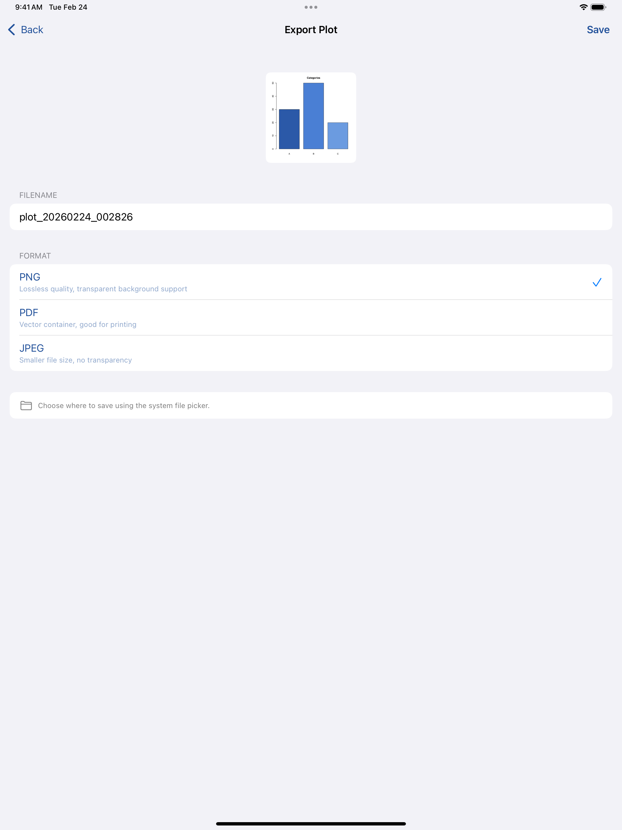 Plot export menu on iPad