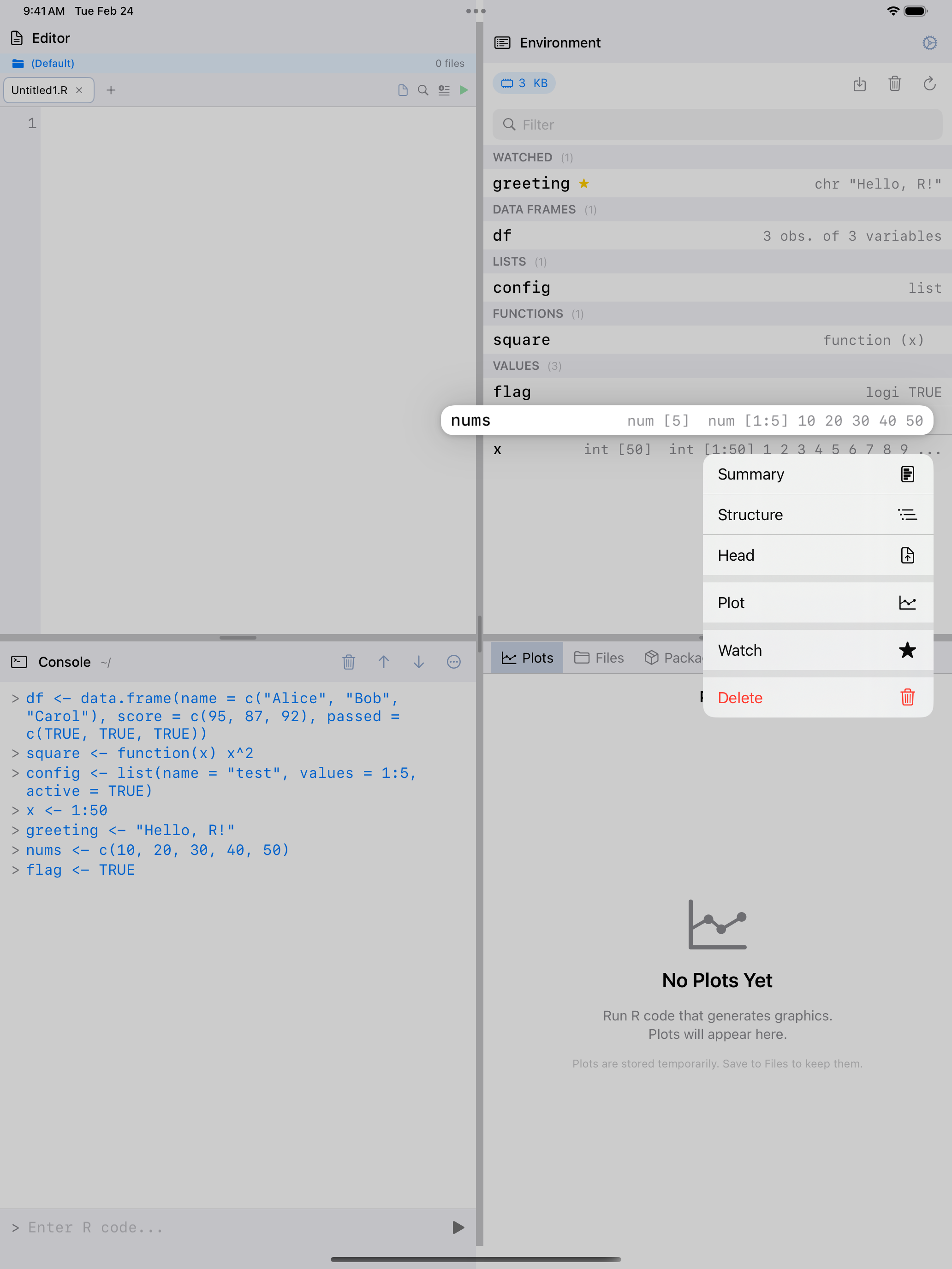 Long-press context menu on iPad showing Summary, Structure, Head, Print, and Plot actions