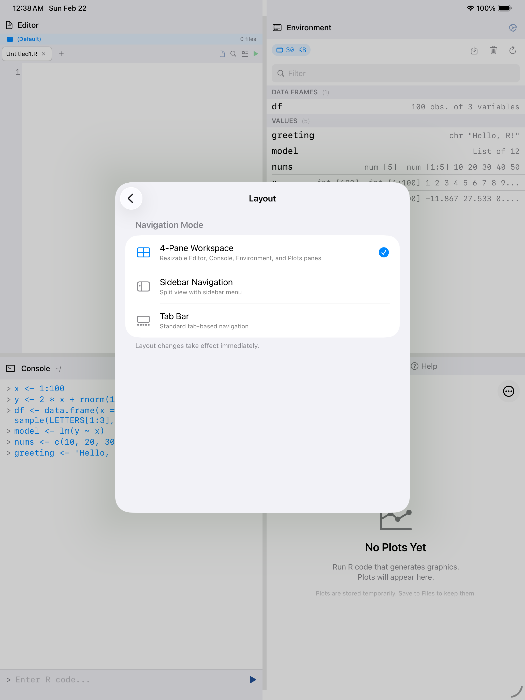 Layout settings on iPad showing navigation mode picker with 4-Pane Workspace, Sidebar Navigation, and Tab Bar options