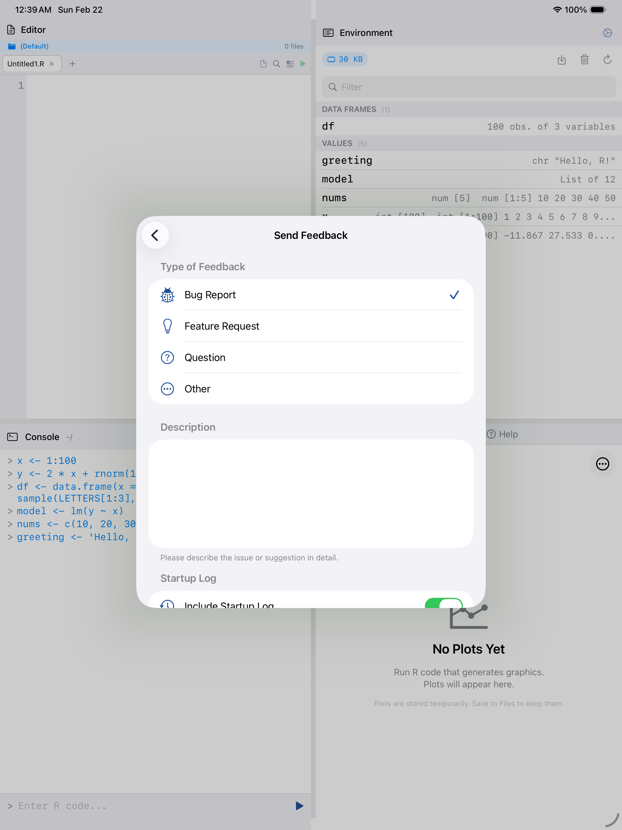 Send Feedback form on iPad showing feedback type picker and description field