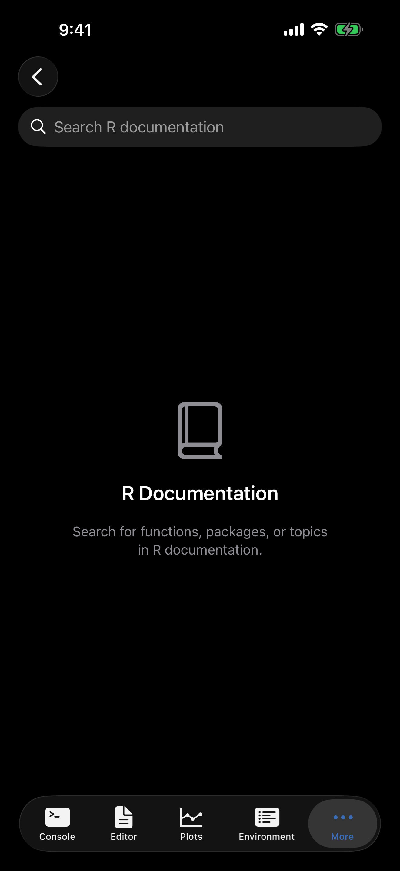 Help tab on iPhone in dark mode showing the search bar