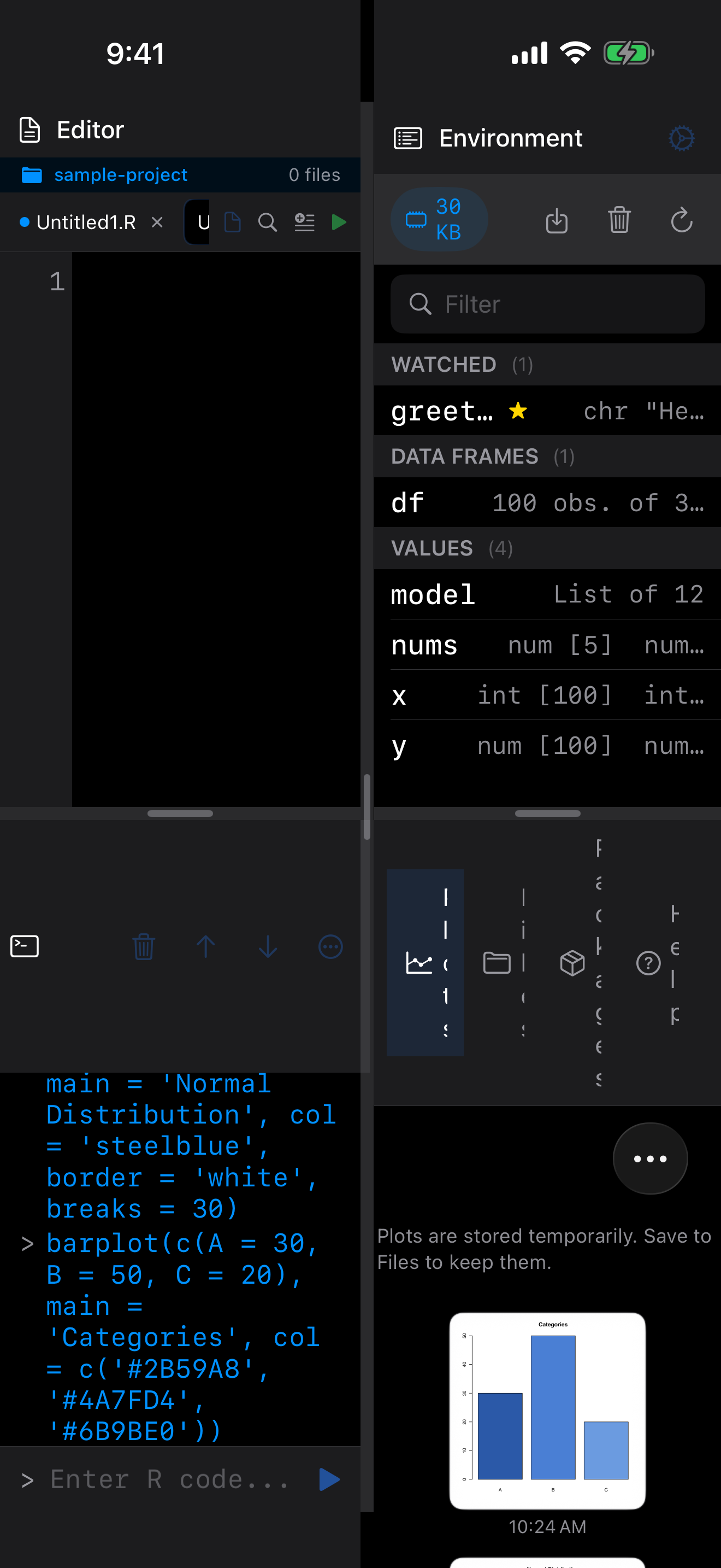 iPhone showing 4-Pane Workspace layout in dark mode