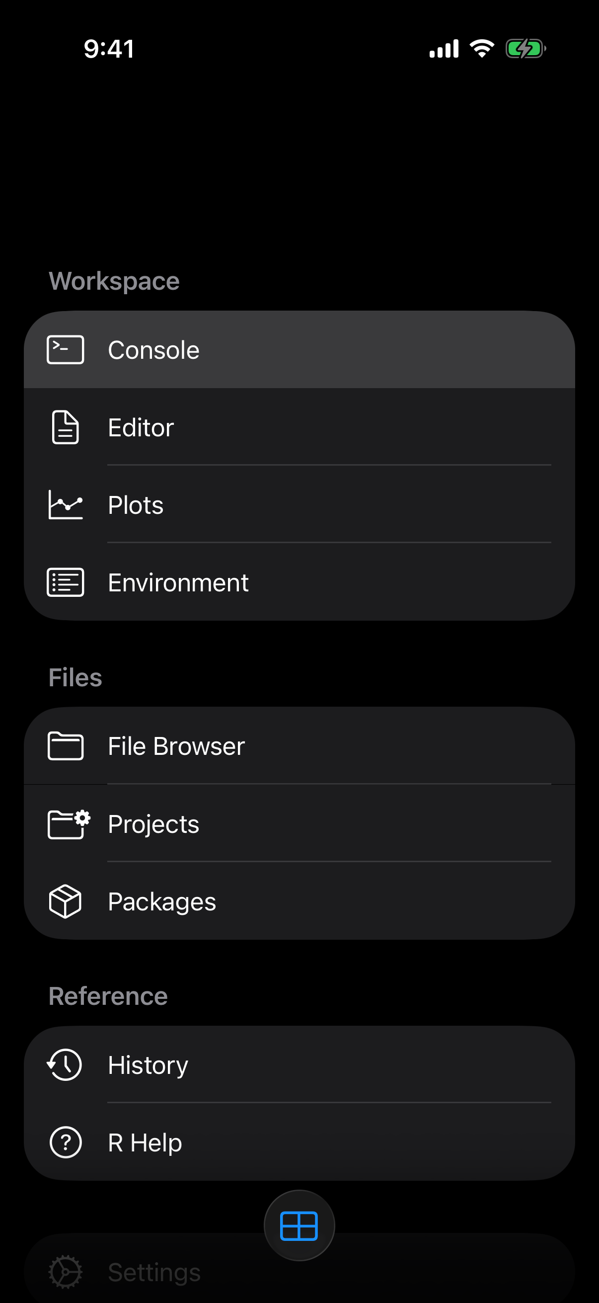Sidebar Navigation with the sidebar open on iPhone in dark mode
