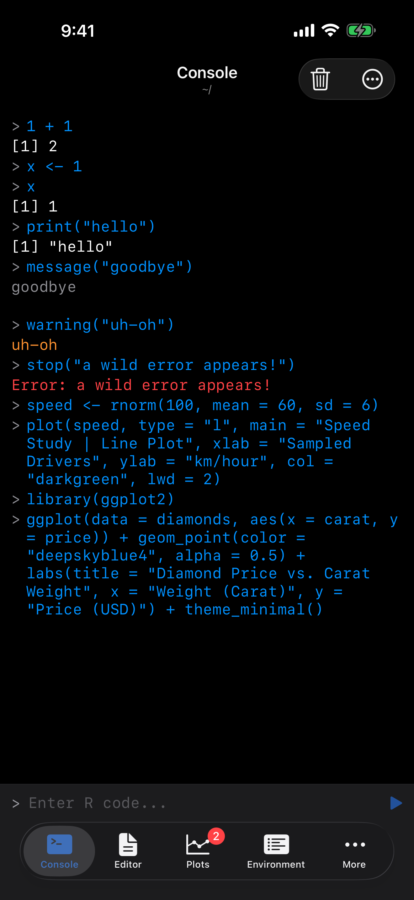 Console with R output