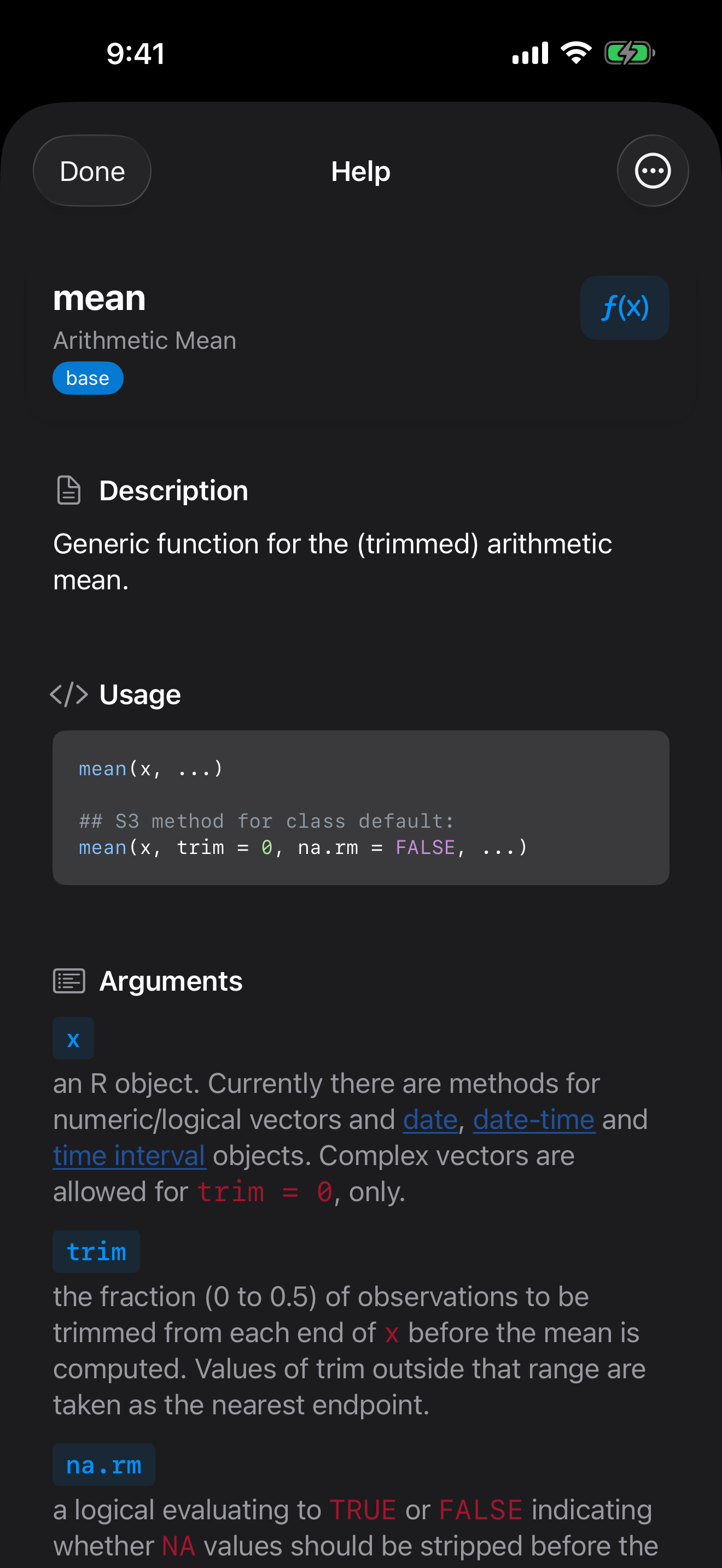 Help page for mean() on iPhone in dark mode