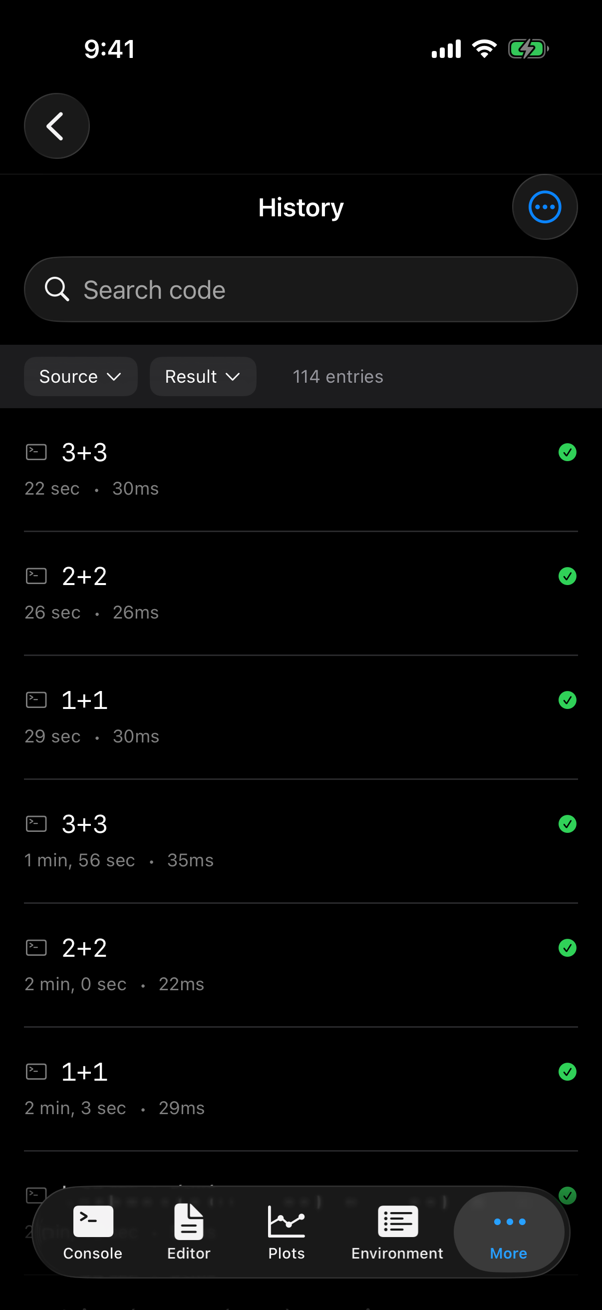 Execution history on iPhone