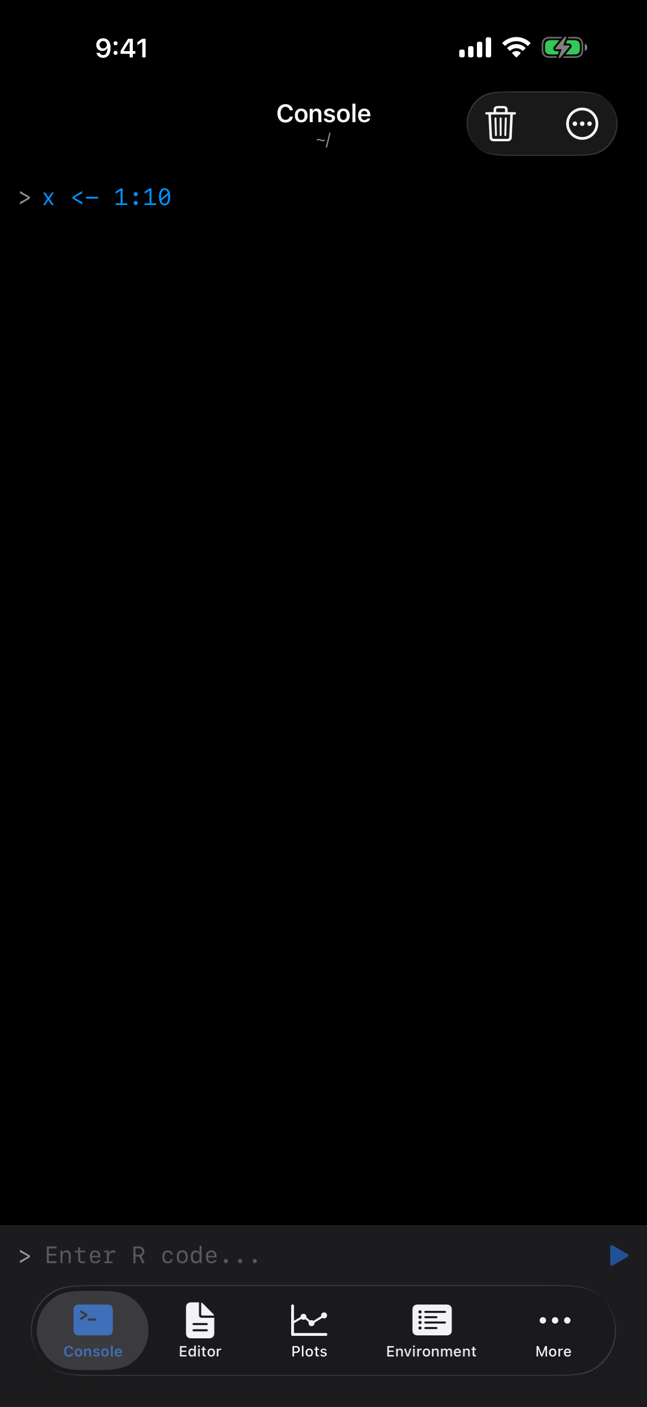 Console after running x <- 1:10 on iPhone