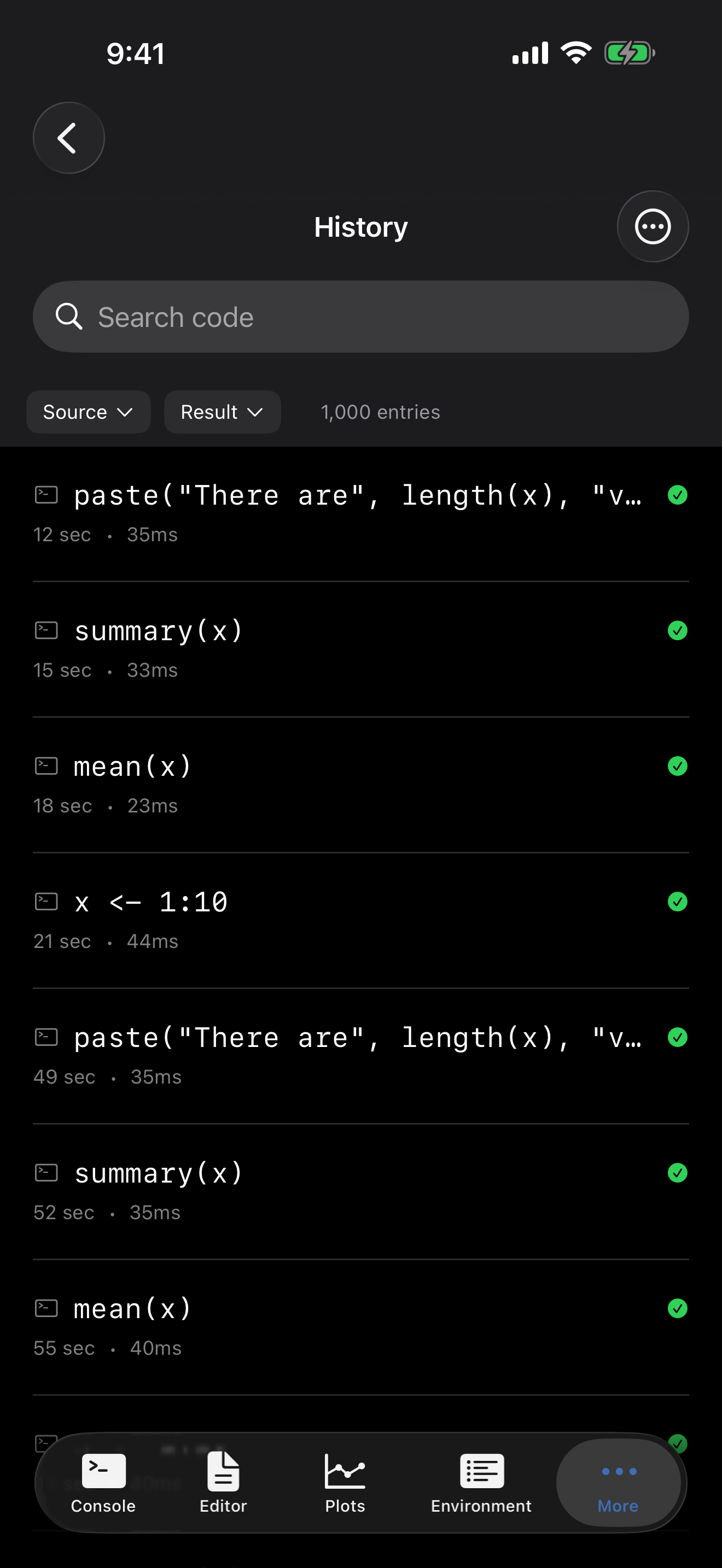 Command history tab on iPhone