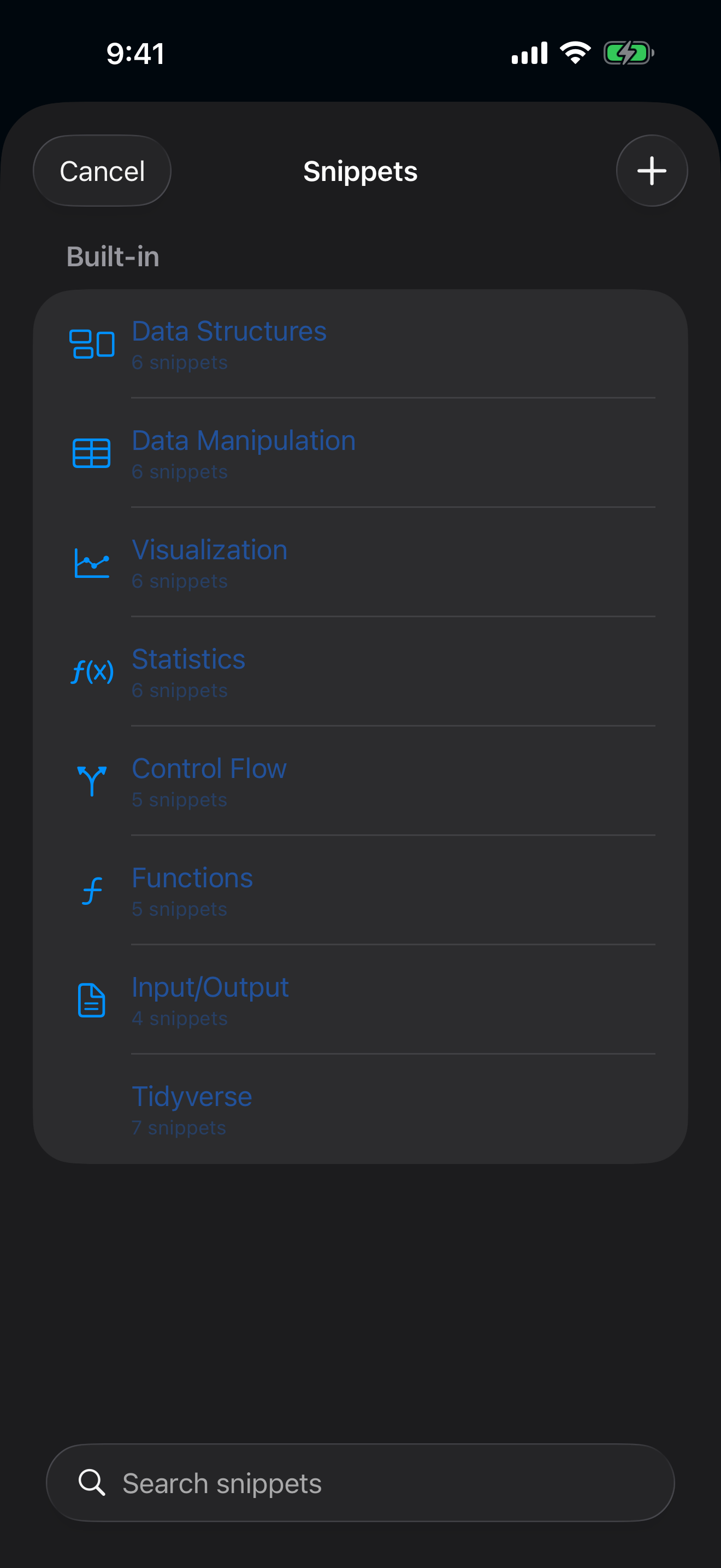 Snippets categories on iPhone
