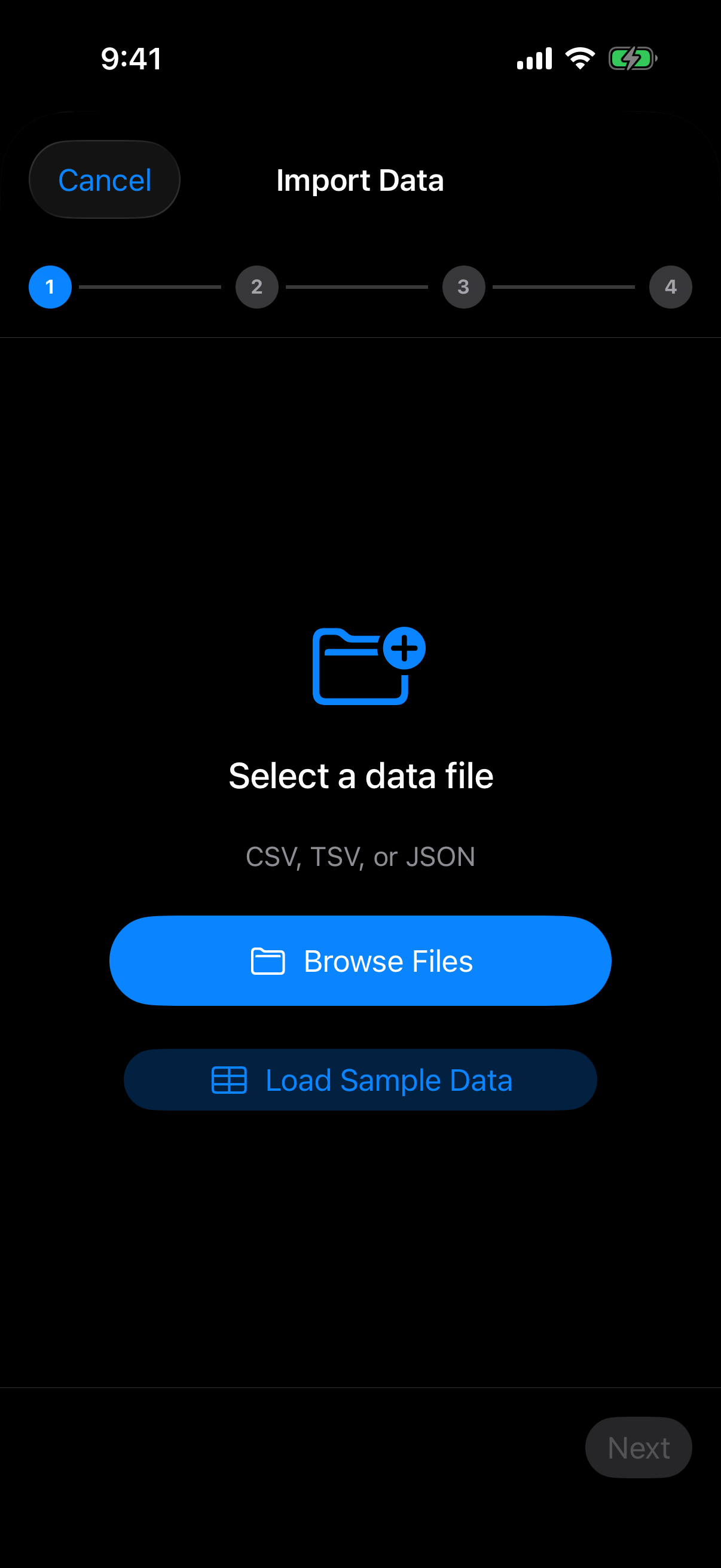 Data Import Wizard step 1 with Browse Files and Load Sample Data on iPhone in dark mode