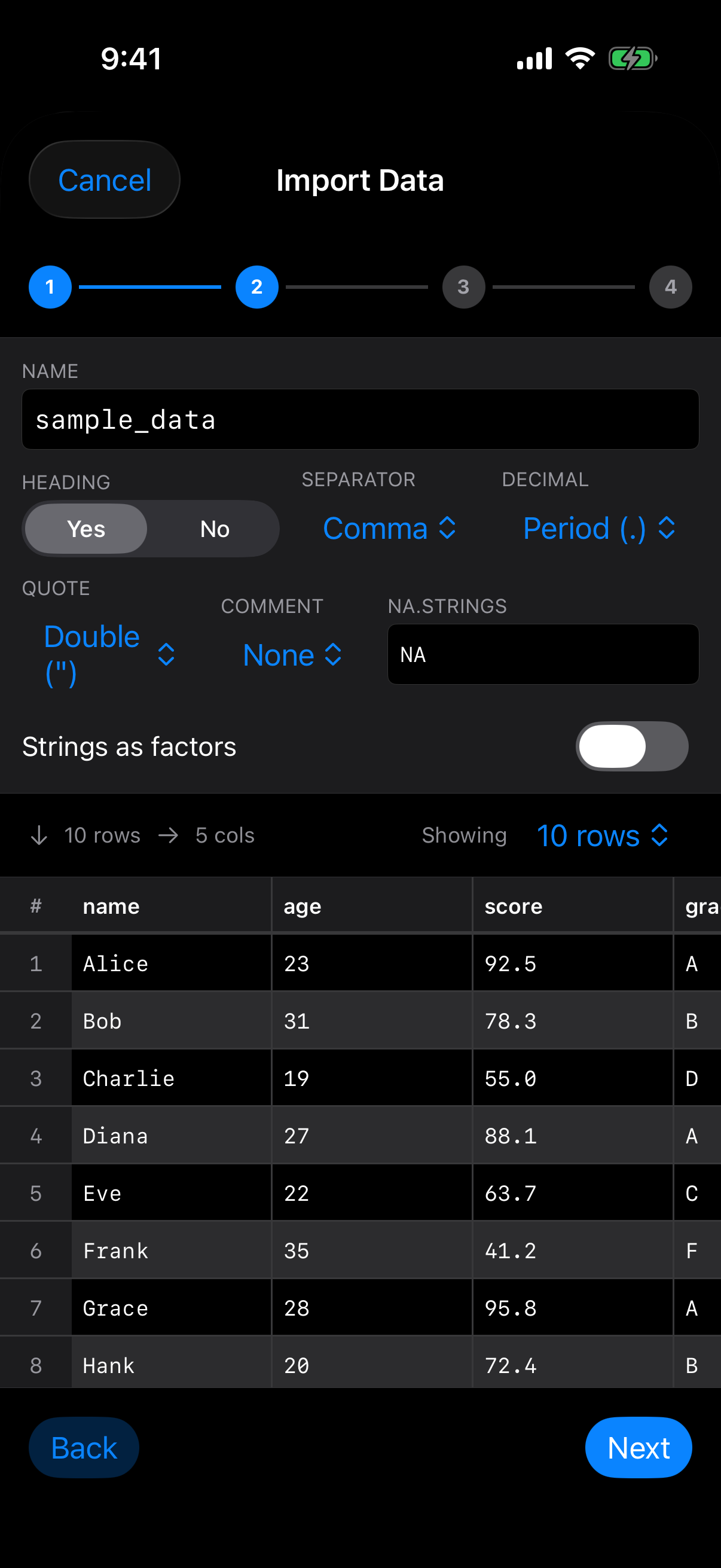 Wizard parsing options with live data preview on iPhone in dark mode