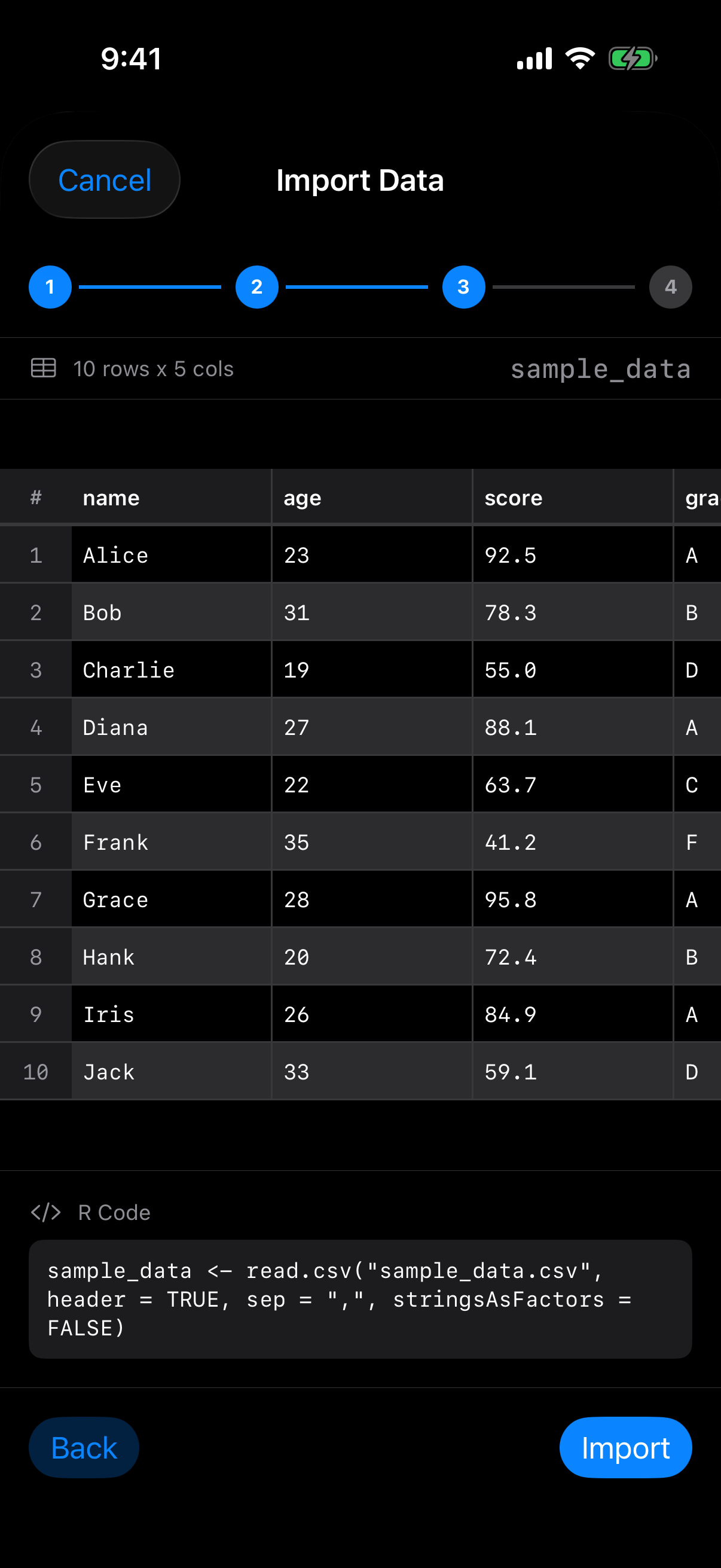 Wizard review step showing the generated read.csv call on iPhone in dark mode