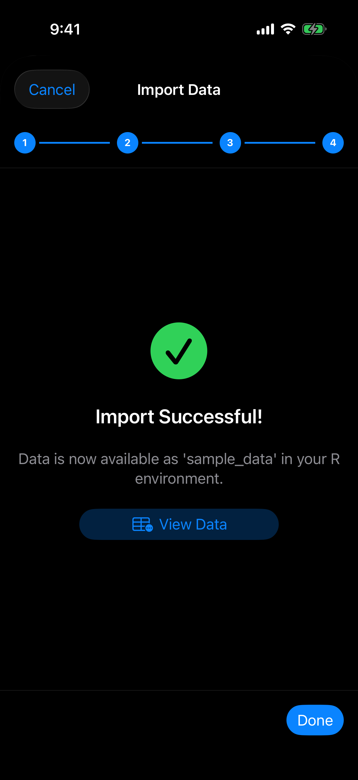 Wizard import success with the View Data button on iPhone in dark mode