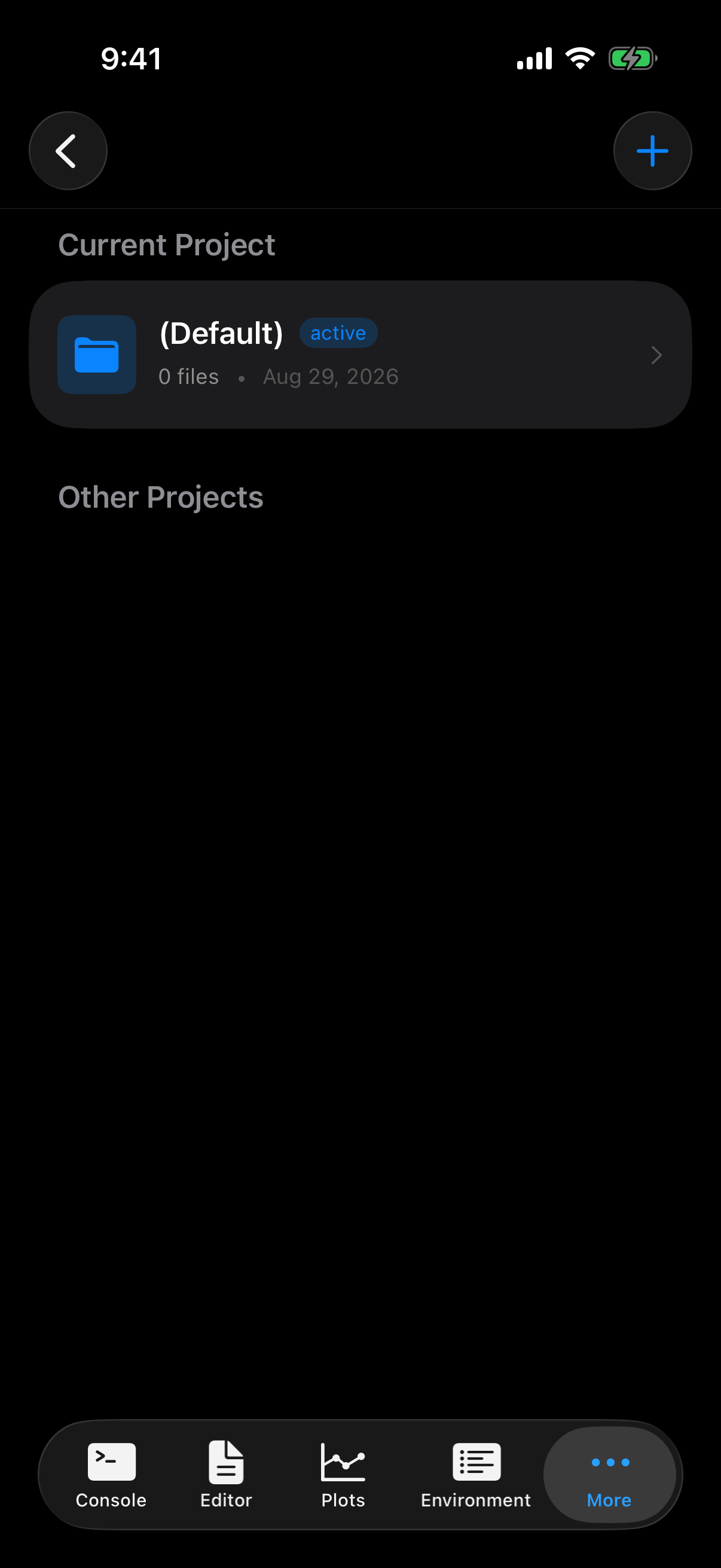 Projects tab showing the current project and project list on iPhone in dark mode