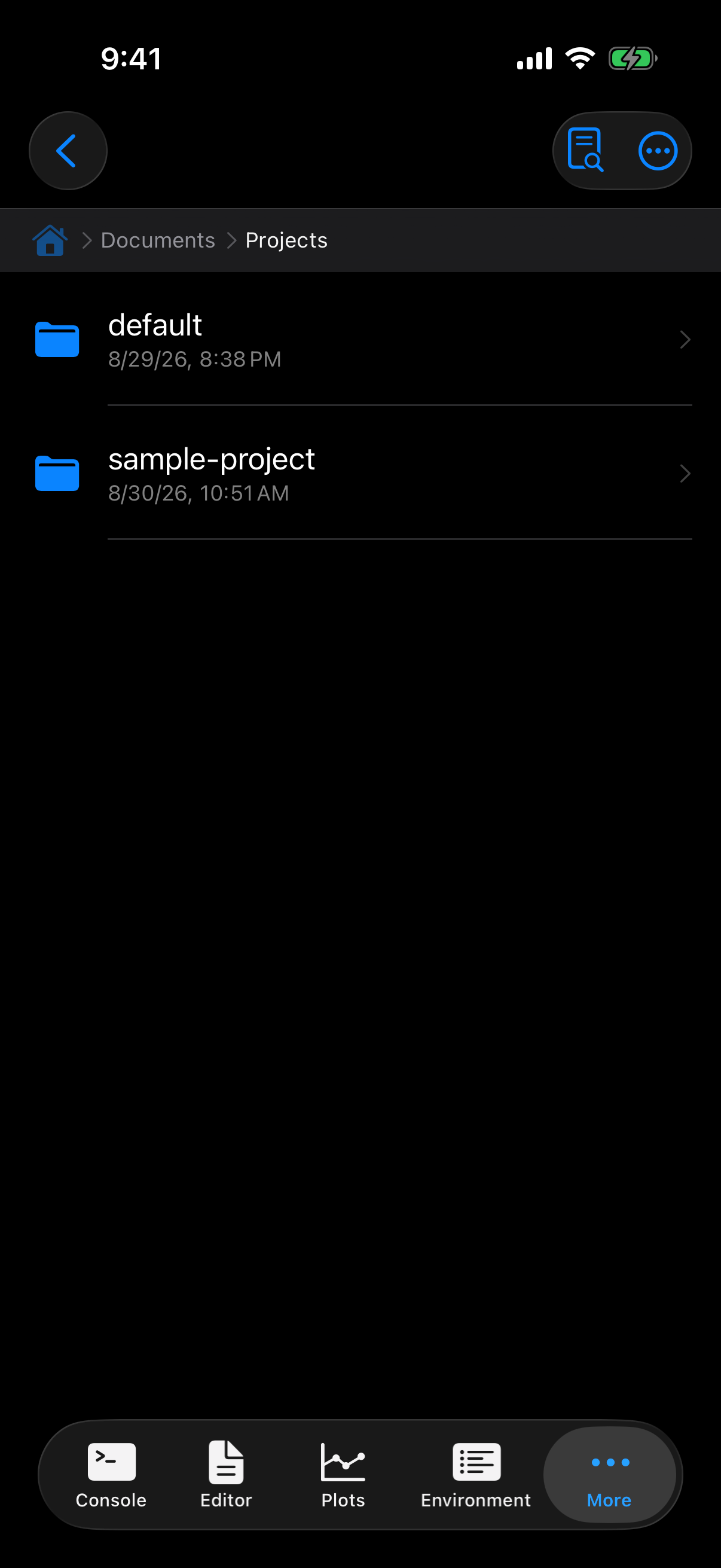 Documents Projects folder with one folder per project on iPhone in dark mode